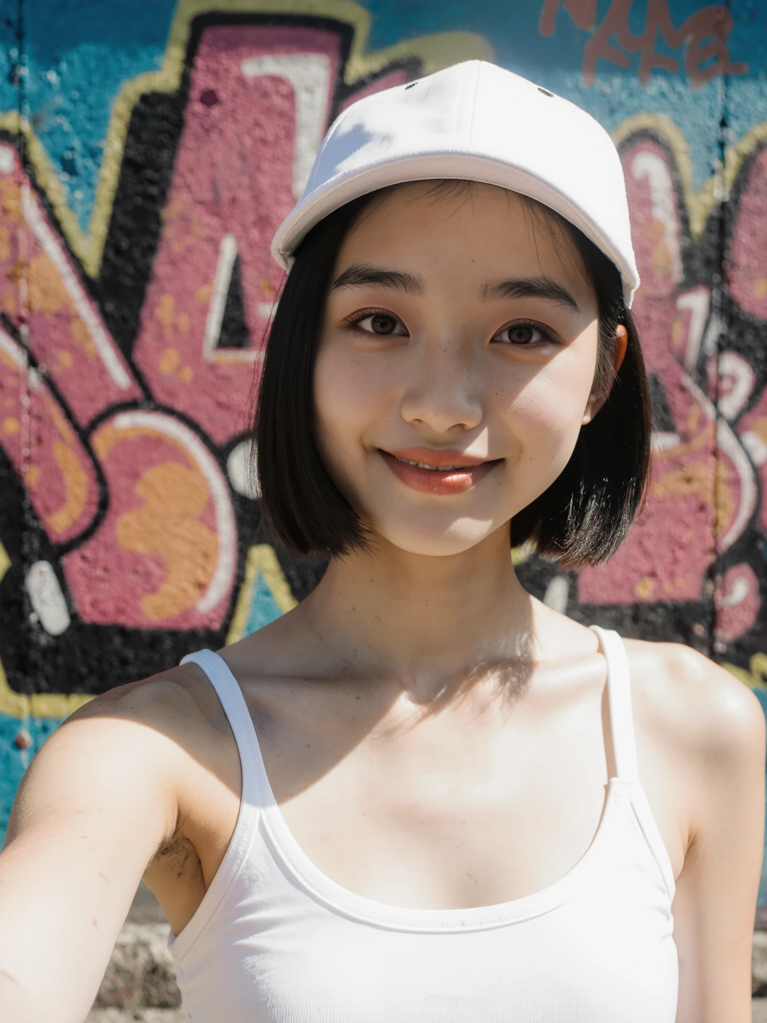 gorgeous 16-year-old Thai idol girl with giant saggy breasts scattered around, rosto delicado, with medium straight hair inverted bobcut style, wearing white cap, cabelo negro, light brown eyes, Thin white tanktop with high skin exposure, sunny graffiti wall, tirando uma selfie, smiling expression, looking at the spectator, standing position. high definition image, high-relief photo-cinematographic style detailing, foco, deep image , dynamic perspective, Dynamic view.