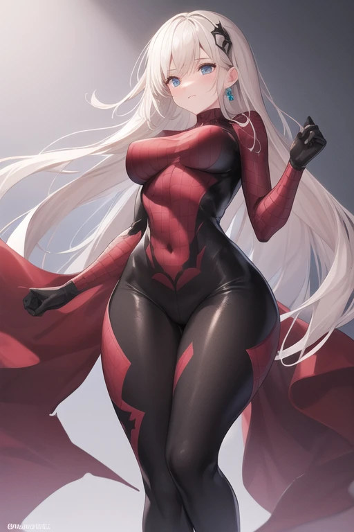 ((masutepiece,Best Quality)),1girl in,Beautiful detailed eyes, Detailed face, (Full body:1.2), White long hair, Red Eyes,big breasts, (Black background:1.2), bloody particles, Shaded face、Purple and blue bodysuit、