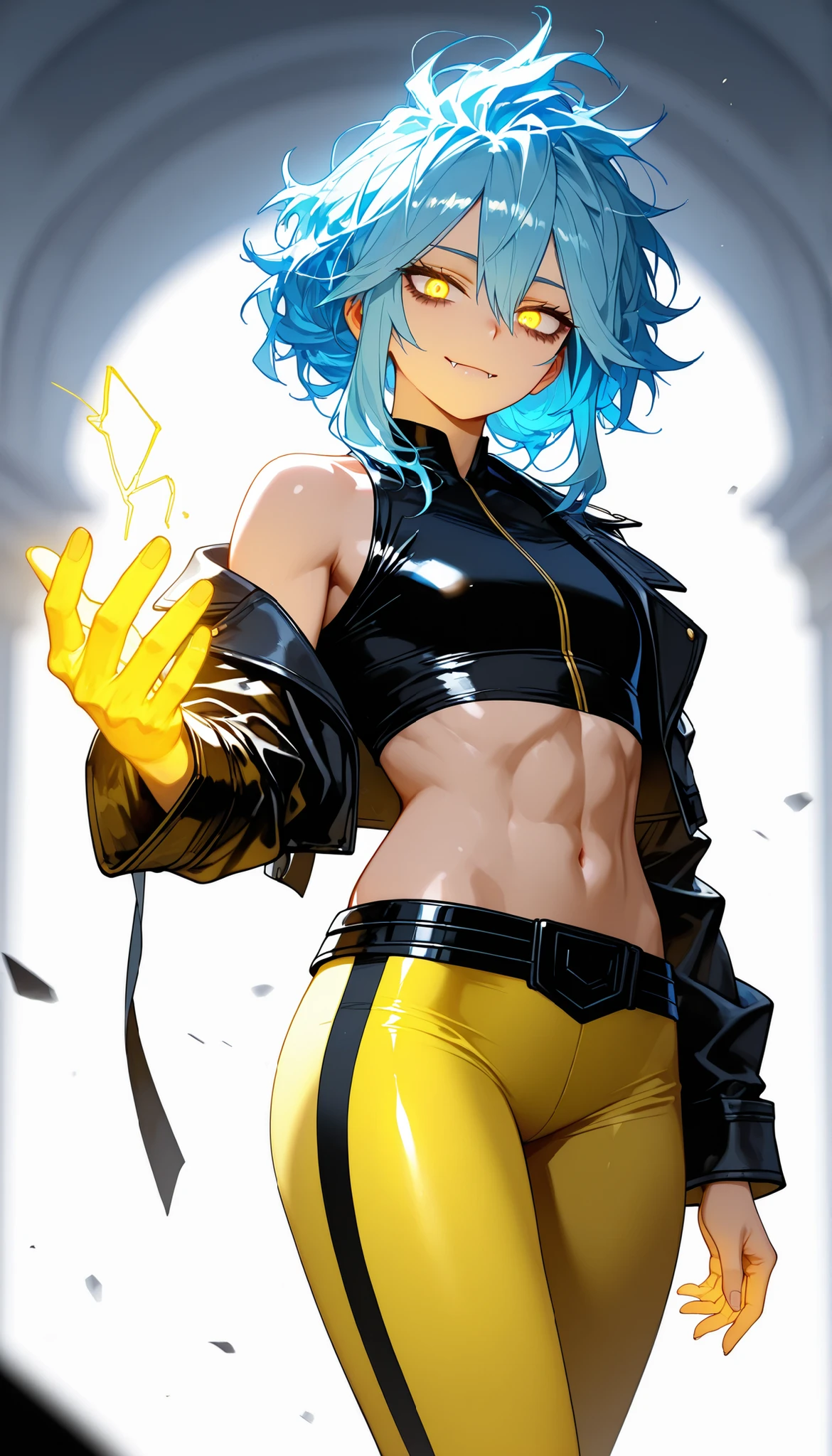 solo, half body, {((man)), my hero academia, ((mature:9)), otoko no ko, toned body, ((electric blue hair)), short messy hair, hair in face, hair between eyes,, light skin, ((yellow glowing eyes)), sharp fangs, dark shadows under eyes, confident expression, wearing black crop top, plain yellow leggings/tights, bare feet, black leather cropped jacket draped off shoulders, standing, looking at viewer, eyes half closed, soft smile, hand reaching out}, [BREAK] blurred background, white background, [BREAK] general, masterpiece, masterwork, best quality, highres, cinematic composition, ultra-detailed fabric textures, eyeshd, high gradient eyes, detailed eyes, photoreal semi-cinematic style, perfect hands