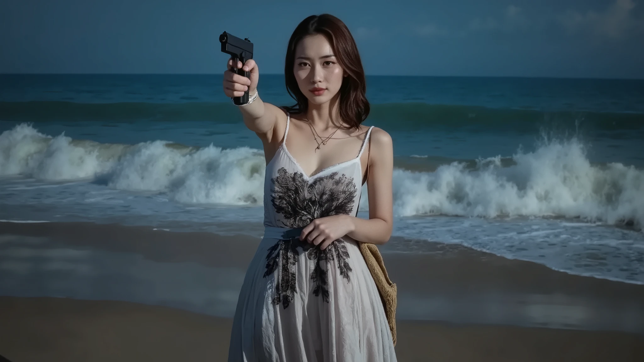 (((low angle view))), a naked 19-year-old woman in the mid-ground:0.4, under the beautiful starry sky, divine atmosphere, foggy, large-breast:1.2, (((((side boob))))), transparent:0.1 short:0.1 white shift dress, slim:0.6 body, (((cold face))), slim face, (((aiming viewer with pistol))), (((G-string micro panty))). background portrait, darken background.