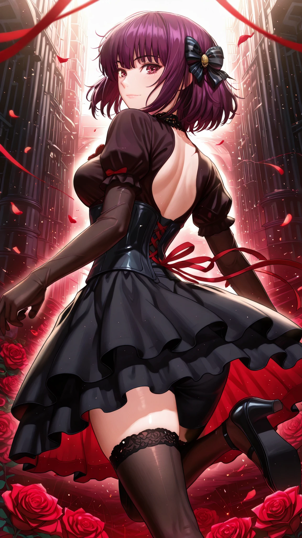 solo, Oboro, purple hair, short hair, Tight waist、Small waist、shiny Skin , (upper body), light smile, gothic theme, shoulderless black velvet blouse with layered puff sleeves, deep red ribbon brooch, shiny black satin waist-cinching corset, bell-shaped double-layer skirt (outer black georgette, inner dark red satin), bustle drape, big ribbon bow back, lace choker with cameo, elbow-length lace gloves, black gartered thigh-highs with subtle red vine pattern, black enamel mary jane heels with red rose, looking at viewer,anime high detail. beautiful shading, anime-style illustration, 8k resolution, ultra HD, dynamic lighting, vibrant colors, beautiful shading, anime-style illustration, 8k resolution, ultra HD, art by homunculus,looking at viewer,