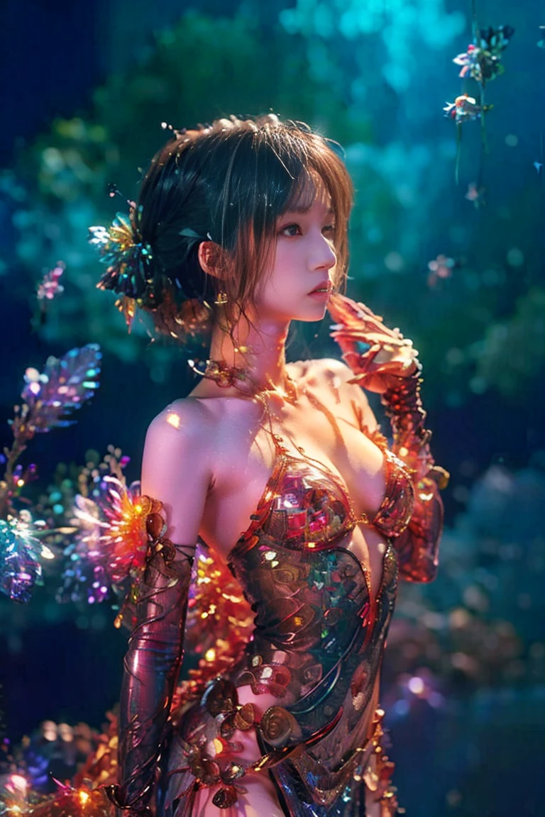 (realistic:1.3), finely detailed, quality, rembrandt lighting, (masterpiece:1.2), (photorealistic:1.2), (best quality), (detailed skin:1.3), (intricate details), dramatic, ray tracing, 1girl, japanese girl, 21 years old, detailed skin texture, (blush:0.5), (goosebumps:0.5), subsurface scattering, smiling, medium breasts, short hair curls, bangs, hair between eyes, (bioluminescent dress:1.2), full body, (outdoors, lake, (night, night sky, very dark background:1.4)), <lora:bioluminescent_dress-1.0:1>