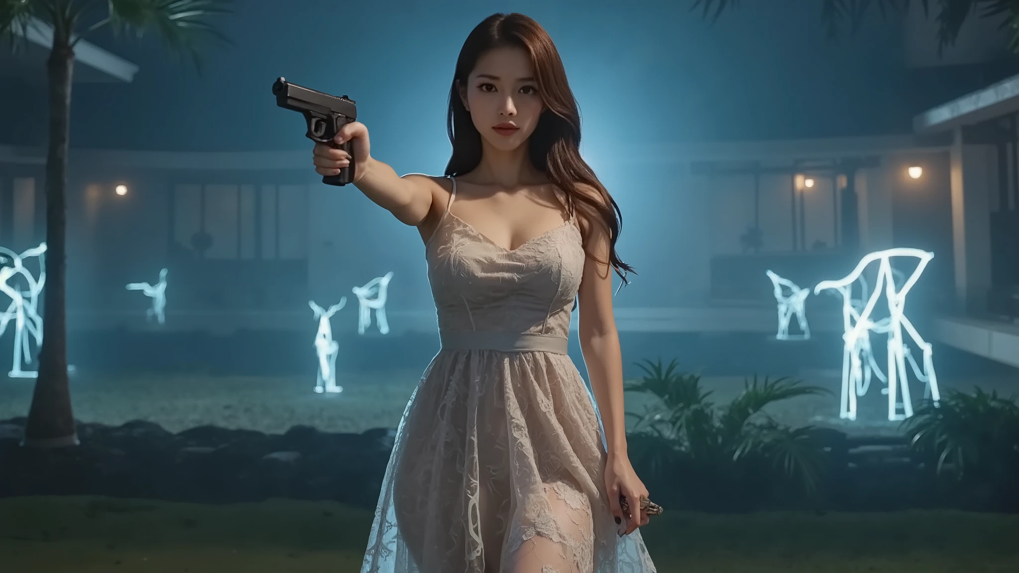 (((low angle view))), a naked 19-year-old woman in the mid-ground:0.4, under the beautiful starry sky, divine atmosphere, foggy, large-breast:1.2, (((((side boob))))), transparent:0.1 short:0.1 white shift dress, slim:0.6 body, (((cold face))), slim face, (((aiming viewer with pistol))), (((G-string micro panty))). background portrait, darken background.