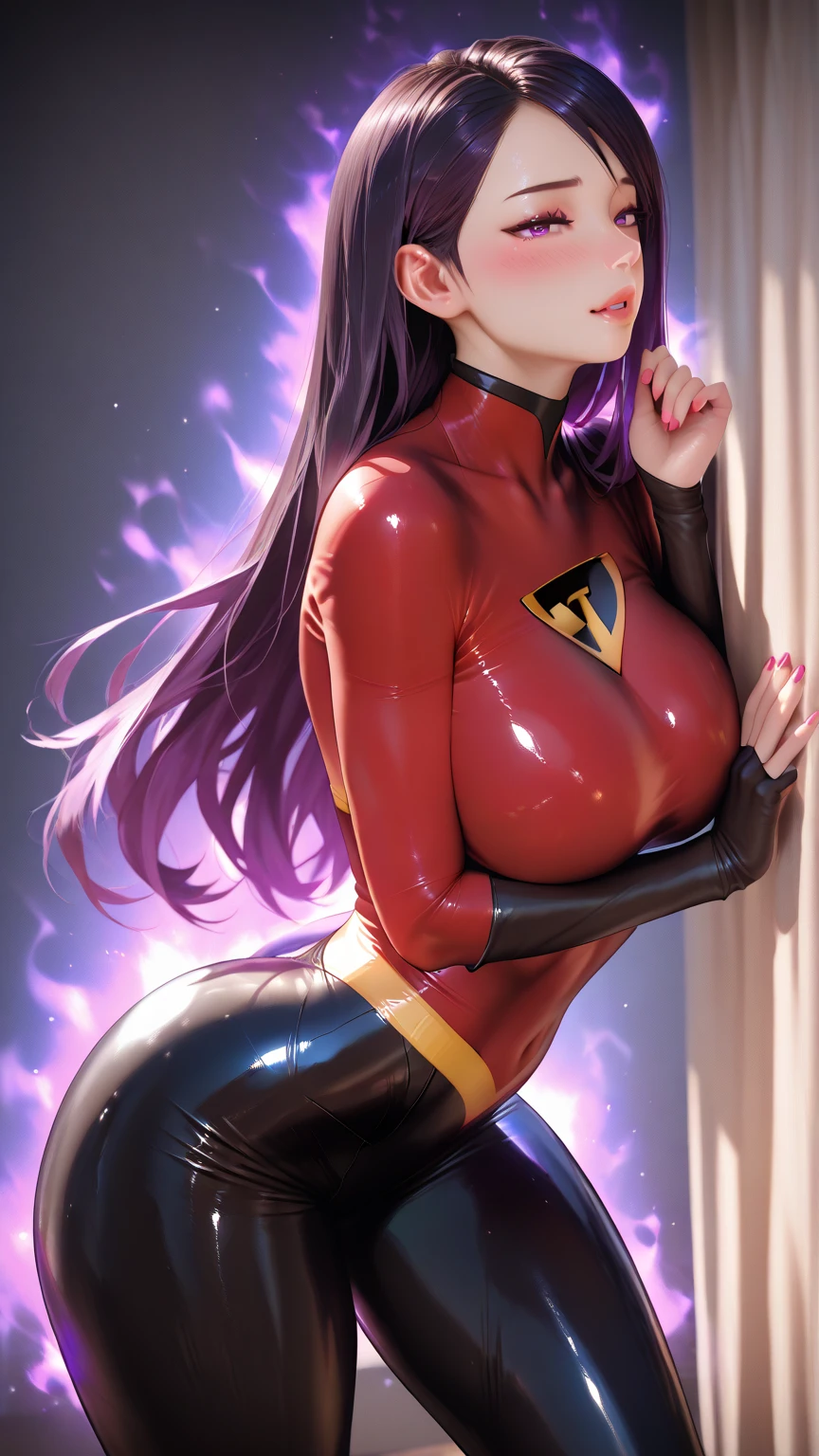 View from behind,Colorful background ,1girl,heart-shaped pupils,hands on tongue,black hair,blue eyelush:1.1),whole body trembling,sweat,sweatdrop,heart,(speed lines:1.1),medium breasts, ((heavy breathing:1.3)), love, heart, , happy, smile, tight red latex , view from behind breasts bouncing, latex