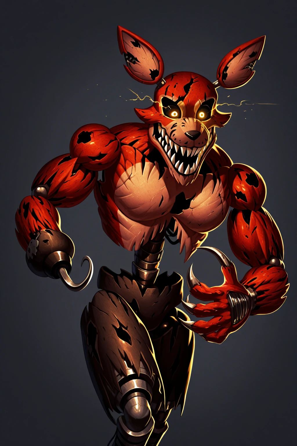 score_9, score_8_up, score_7_up, lots of details, highly detailed, FNaF, (foxy), animatronic, muscular, bodybuilder, open mouth, dynamic pose, yellow eyes, cute, black panties, looking at viewer, hook, eyepatch, red fox, dark background, light particles, detailed, detailed eyes, hires, spotlight, best quality <lora:Foxy:1>
