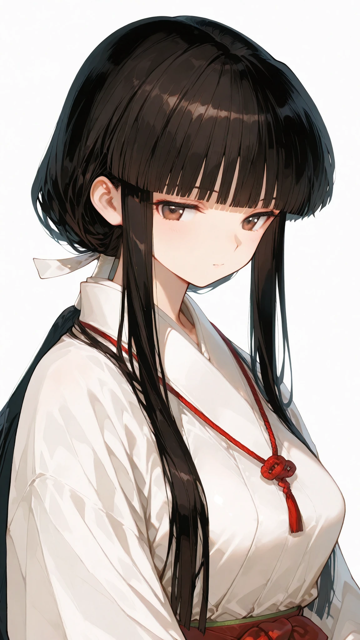 very long hair, blunt bangs, sidelocks, hime cut,,hair ribbon, long hair, blunt bangs, sidelocks, low ponytail,,kikyoinu, black hair, brown eyes,,杰出作品,轻微写实, 优质非凡, 非常美观, 超高分辨率, 高分辨率,动漫风格,,