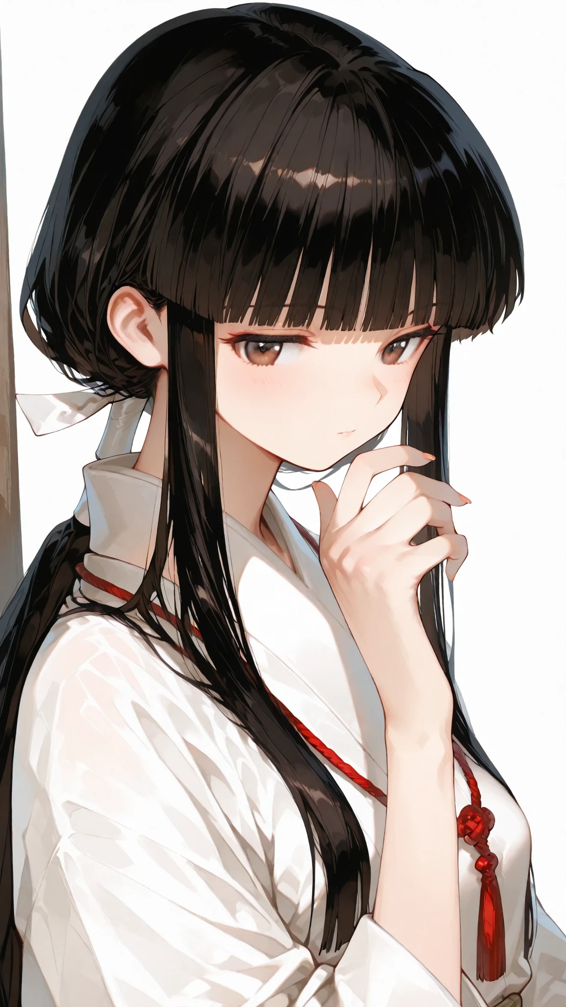 very long hair, blunt bangs, sidelocks, hime cut,,hair ribbon, long hair, blunt bangs, sidelocks, low ponytail,,kikyoinu, black hair, brown eyes,,杰出作品,轻微写实, 优质非凡, 非常美观, 超高分辨率, 高分辨率,动漫风格,,