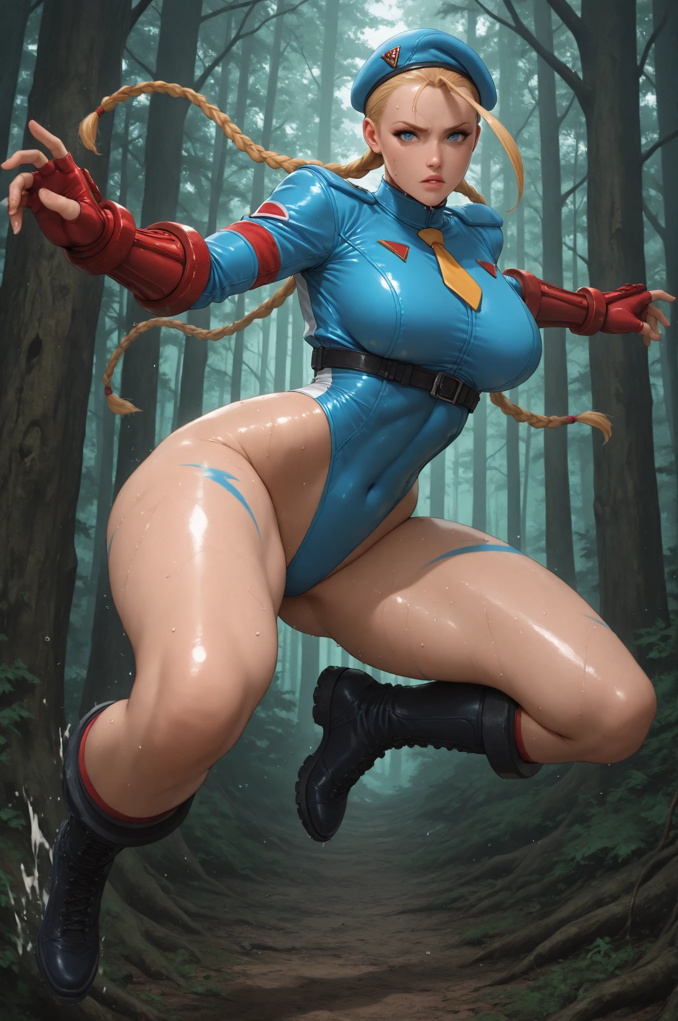 Inferno Final, Seras Vitória, 1 girl, ((boba))), prickly blonde hair, blue colored eyes, swollen lips, thick lips, Broad Hips, thick-thighs, huge round breast, huge round ass, oily shiny skin, Breasts pressed together, tight red police uniform, posando, top image, night time, (nsfw)