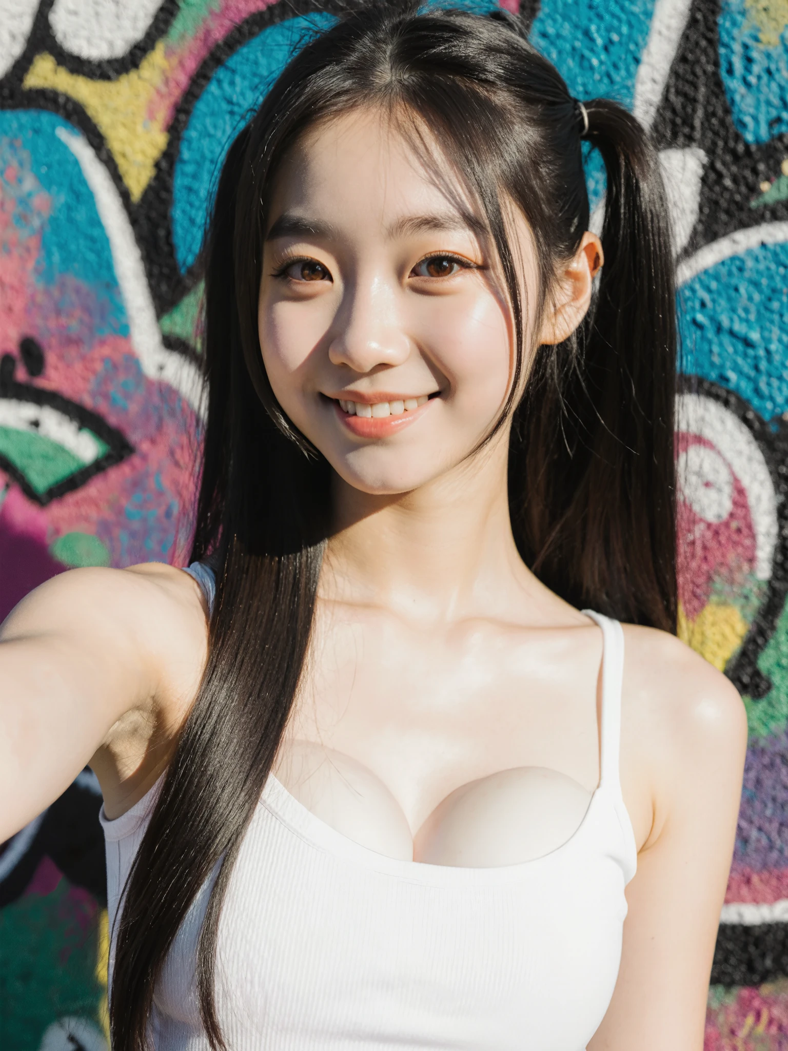 gorgeous 16-year-old Japanese idol girl with giant saggy breasts scattered around, rosto delicado, with extremely long straight hair doubletails-low style, cabelo negro, light brown eyes, Thin white tanktop with high skin exposure, sunny graffiti wall, tirando uma selfie, smiling expression, looking at the spectator, standing position. high definition image, high-relief photo-cinematographic style detailing, foco, deep image , dynamic perspective, Dynamic view.