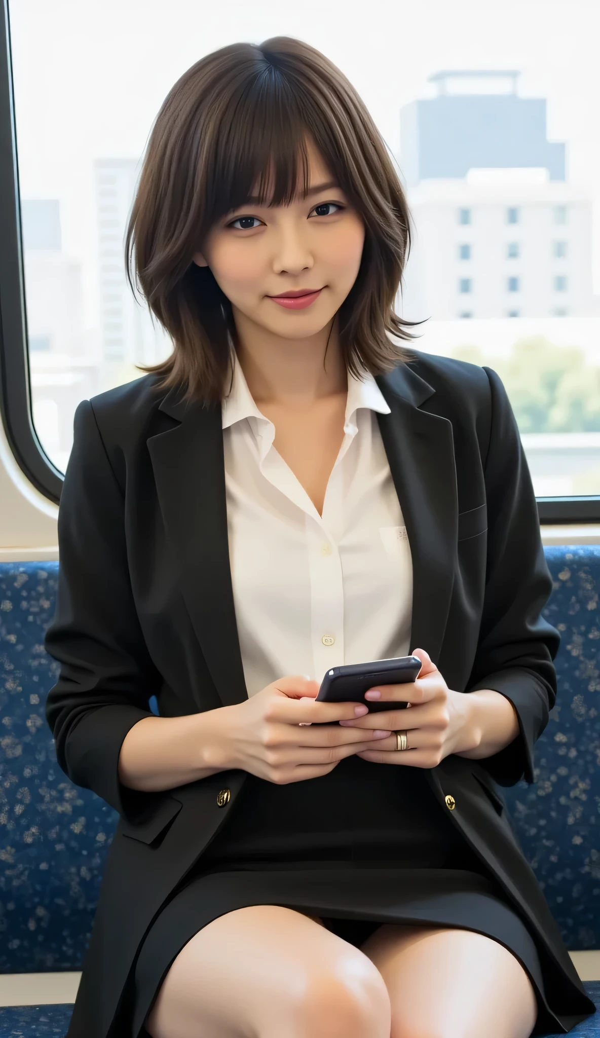 This is a 20-year-old East Asian woman who can see her whole body from head to ankle in a subway seat. She is wearing a white blouse, a fit blazer, and a black mini skirt. Her knees and legs are flat on the floor, and her knees and legs remain straight and in close contact. She is looking down at her smartphone with a calm expression. Black hair with a pixie cut. The subway window behind her shows blurry movements outside. Natural lighting, realistic and cinematic vision depth, DSLR quality.