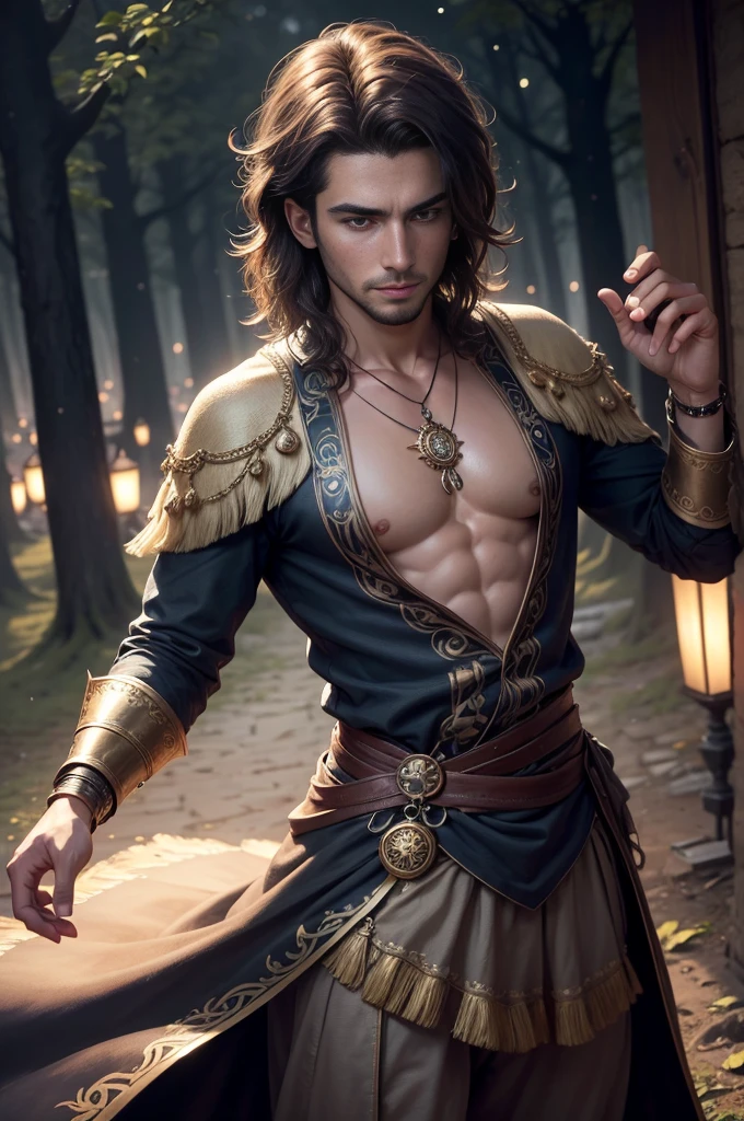 Masterpiece artwork,only,A person,perfectbody,beautiful male model, (male focus), (smooth body)), Full body photo of, youthful face, Cao Cao, natural skin tone,an attractive man with 18-24 aesthetics,na spring time, the flowers blooming,a green forest,spring time,the trees,blue sky, the soft light, highy detailed, looking ahead at viewer, Photograph of, photorrealistic, cinematic light, long focus, Illuminating intricate details, highy detailed, highy detailed, digitalpainting, art station, conceptual artwork, gentleness, sharp focus, lighting