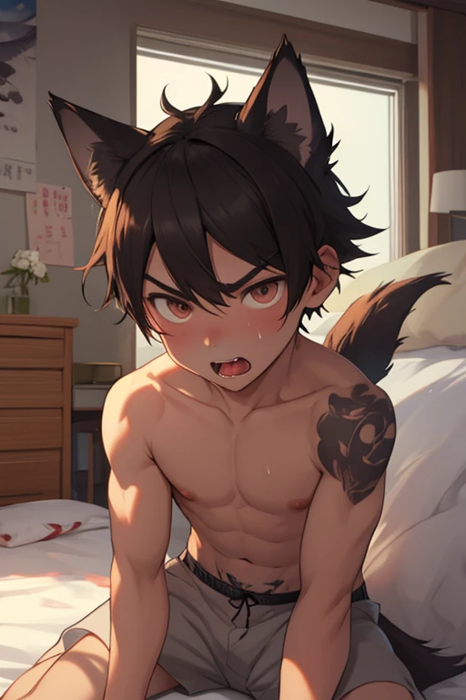 boy, small black , black skin, brown, with curly yellow hair, curly blondes and an innocent look; naked boy chest, lion ears, Lion's tail, slim