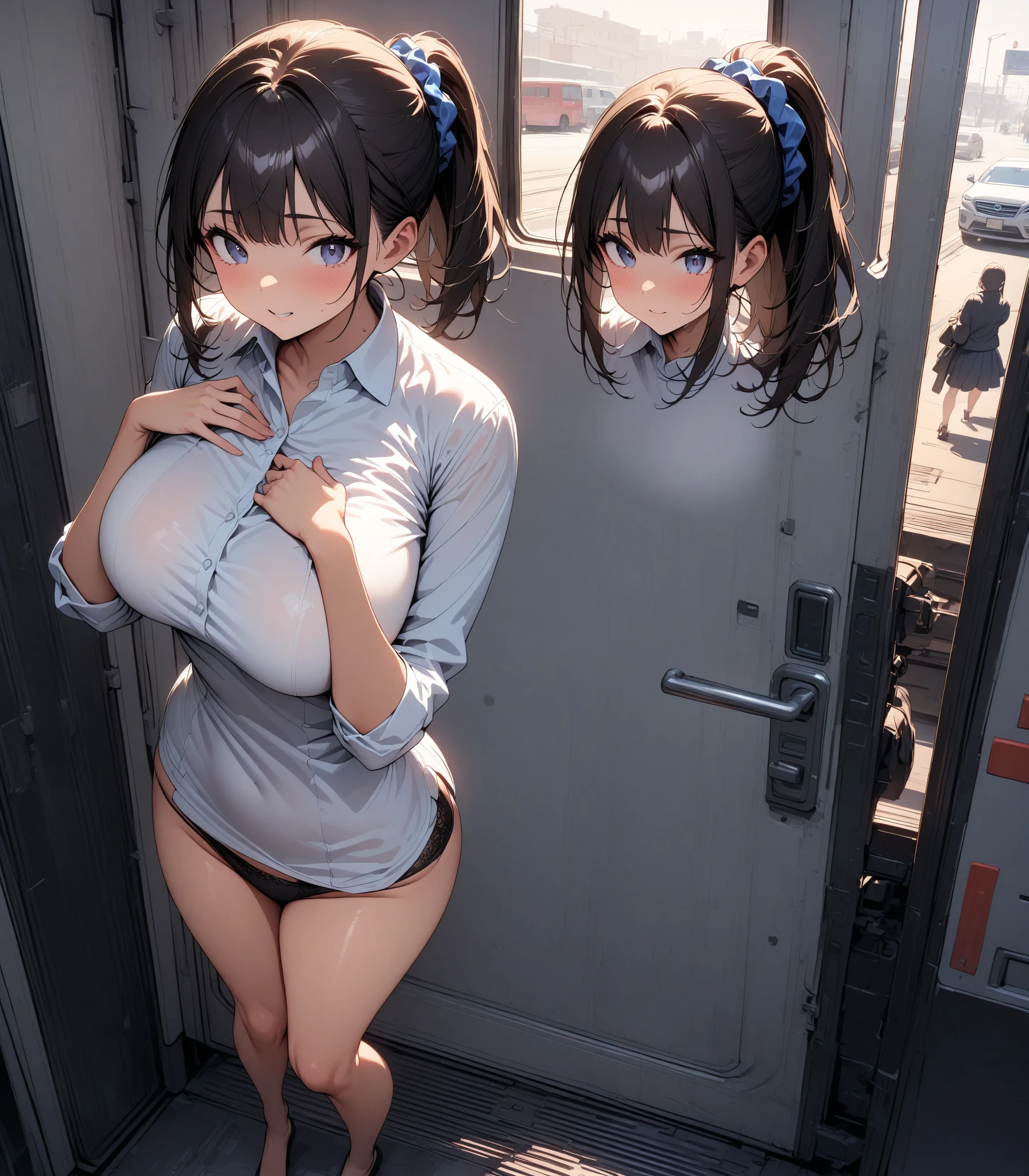 (((sex from behind))),((beautiful eyes with fine detail)), realistic skin, (intricate details), best lighting, depth field, ((ultra high resolution, high res)), {highres}, {{very fine 8KCG wallpapers}}, {{very precise detailed}}, ((((masterpiece)))), nsfw, ((Vaginal sex)), 1girl,teenager, tifa, Blushing, smile, ((japanese uniform)),((nippls)), (big breast:1.8), ((navy blue pleated miniskirt)), (tie), black knee-high socks, in the train, 1boy, erect penis