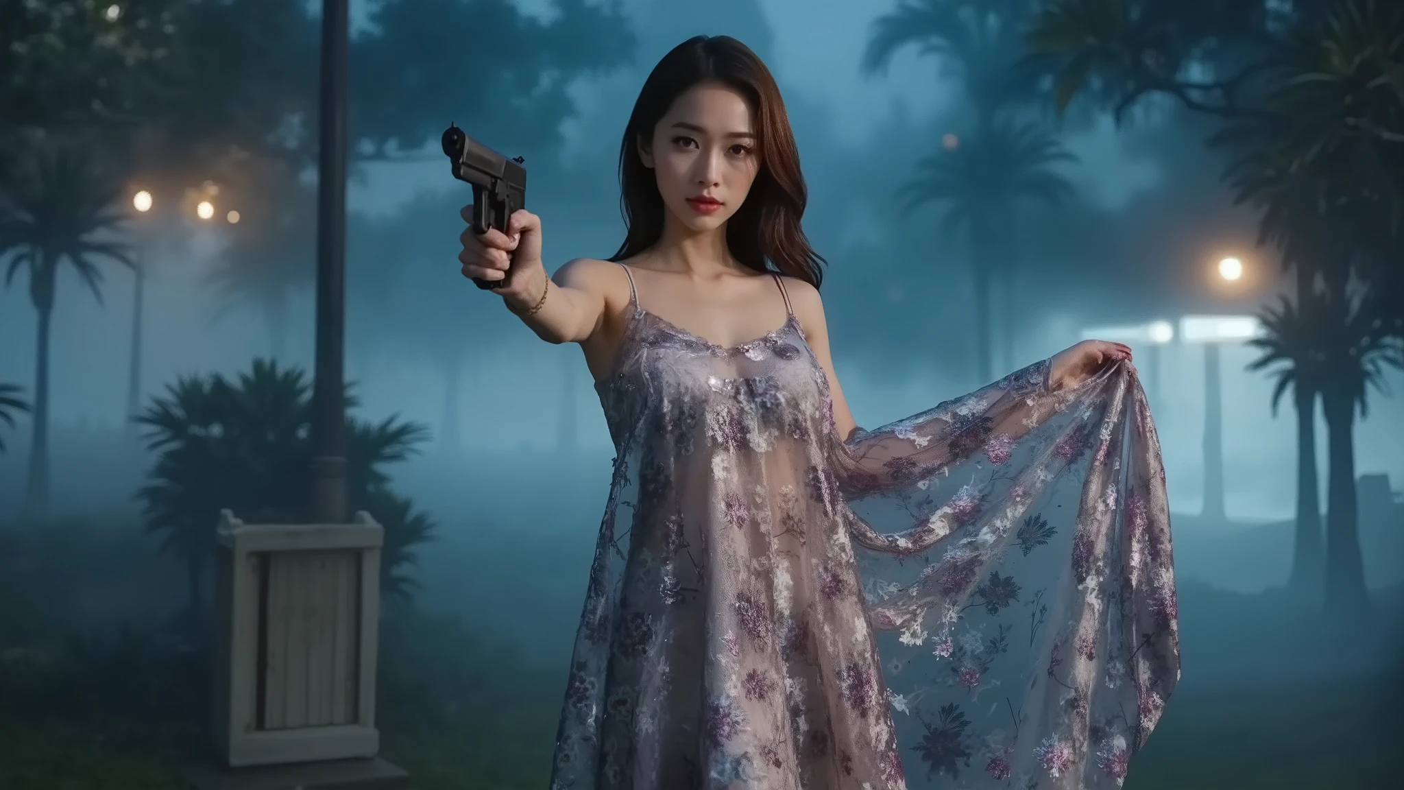 (((low angle view))), a naked 19-year-old woman in the mid-ground:0.4, under the beautiful starry sky, divine atmosphere, foggy, large-breast:1.2, (((((side boob))))), transparent:0.1 short:0.1 white shift dress, slim:0.6 body, (((cold face))), slim face, (((aiming viewer with pistol))), (((G-string micro panty))). background portrait, darken background.