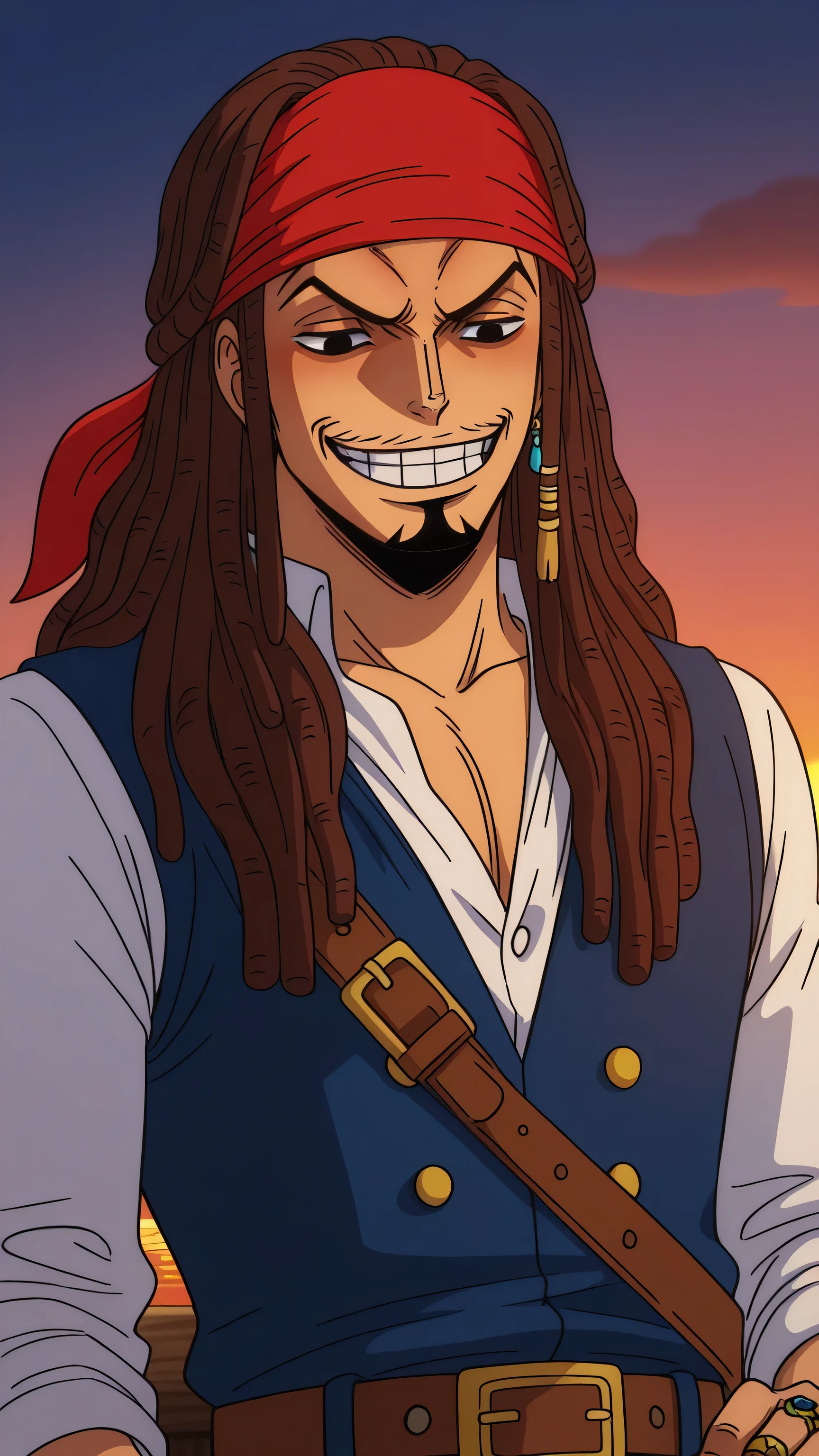 1male,solo,Captain Jack Sparrow,brown hair,long hair,dreadlock,black eyes,goatee,evil grin,drunk,red bandana,white shirt,blue vest,earring,neckless,brown belt,ring,sea,sunset,One Piece Anime Style
