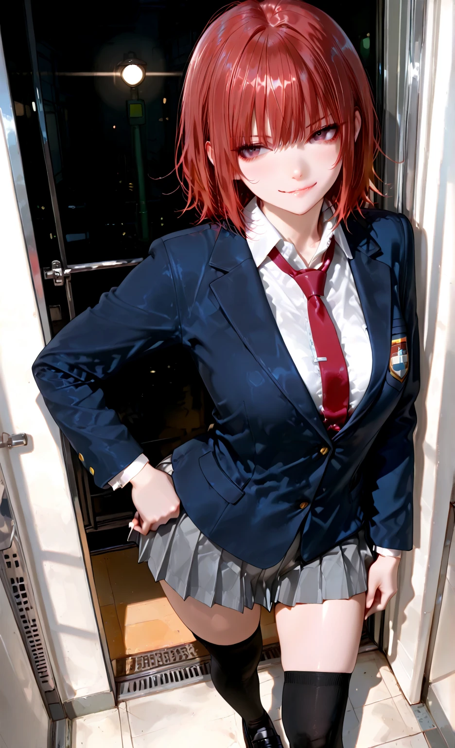 (masterpiece),(best quality:1.0), (ultra highres:1.0), detailed clothes, (school uniform:1.4), blunt bangs, crown braid, hair ornament, (red hair:1.4), short hair, detailed face, (smooth chin:0.85), looking at viewer, beautiful eyes, detailed eyes, (ulzzang-6500:0.7), (night tokyo street), from side, photon mapping, physically-based rendering, RAW photo, highly detailed background, (photo realistic:1.35), high res, perspective,