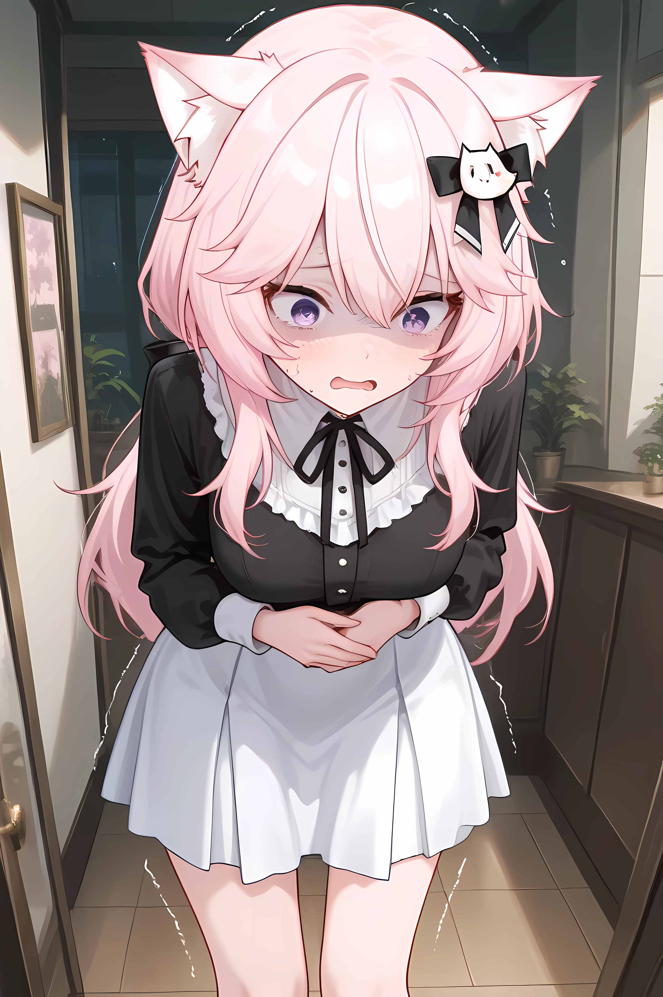 nyanners, catgirl, cat ears, outfit, hair ornament, pink hair, purple eyes, long hair
,nyanners, general, masterpiece, highres, ultra-detailed, hyper-detailed, best quality, amazing quality, very aesthetic, best hands, best eyes, best hand
adult woman, 1woman, hand on own stomach, sweat, leaning forward, nervous, scared, trembling legs,