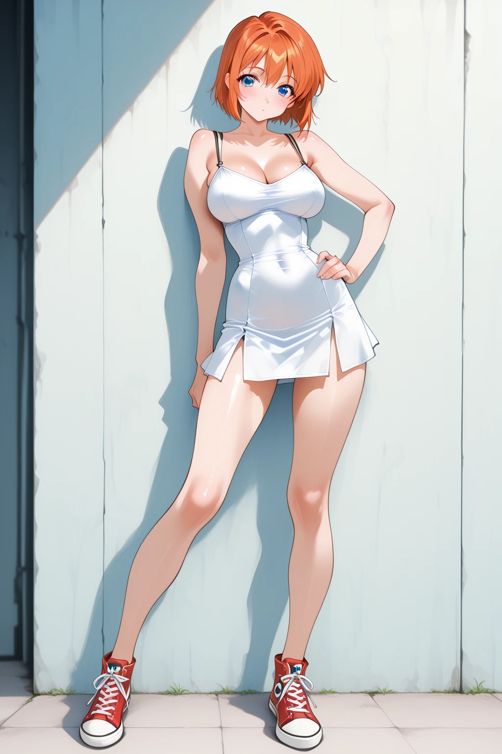 (ANIME ART STYLE), nami from one piece, wearing lingerie, blushing, standing, full body head to feet, wall background, (NSFW), (ANIME ART STYLE),