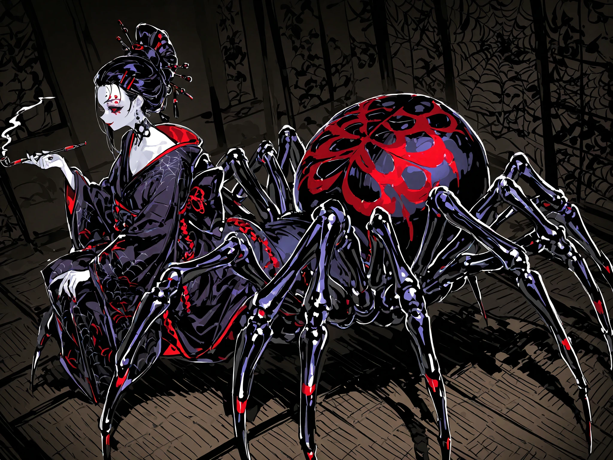 Japanese woman, a drider, spider hybrid. (((Arachne,Taur,Spider Body.))Her lower body is black widow spider:spider body, eight segmented articulated spider legs covered with red markings.) She has a white skin. She has red lipstick. she smiles slyly. She has jet black narrow eyes. she has red manicure and pedicure. She is half-naked wearing a black and purple kimono,embroidered with golden spiders and a black spider web. Her robe has a big black bow on the back. She has jet-black hair pulled back in a traditional Japanese geisha hairstyle and decorated with sharp gold hairpins. She has an Oriental smoking pipe in her hands. In the background:an ornate traditionally decorated Japanese hall, tatami mats on the floor,in room placed a Japanese paper screens with drawing of red and white spider lilies.