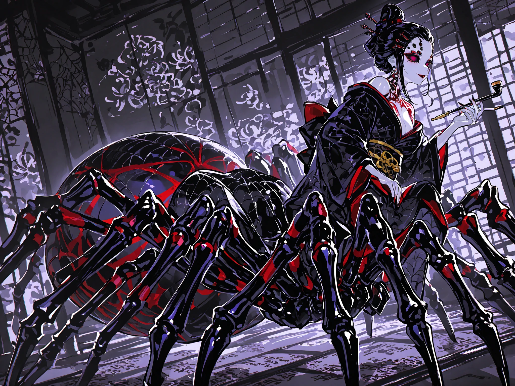 Japanese woman, a drider, spider hybrid. (((Arachne,Taur,Spider Body.))Her lower body is black widow spider:spider body, eight segmented articulated spider legs covered with red markings.) She has a white skin. She has red lipstick. she smiles slyly. She has jet black narrow eyes. she has red manicure and pedicure. She is half-naked wearing a black and purple kimono,embroidered with golden spiders and a black spider web. Her robe has a big black bow on the back. She has jet-black hair pulled back in a traditional Japanese geisha hairstyle and decorated with sharp gold hairpins. She has an Oriental smoking pipe in her hands. In the background:an ornate traditionally decorated Japanese hall, tatami mats on the floor,in room placed a Japanese paper screens with drawing of red and white spider lilies.