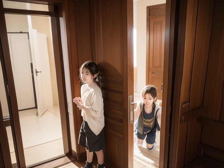 a girl,knock the door,a boy playing game in the room,don't understand who knock the door,