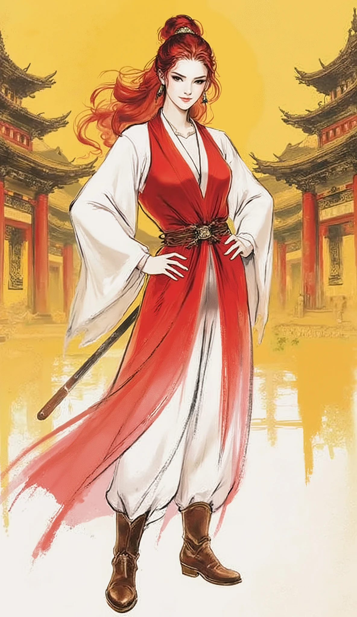 (masterpiece, best quality, intricate details, cinematic lighting), a beautiful fantasy wuxia heroine with a slender figure, perfect anatomy, and perfect hands with five fingers. She has long, wavy, deep-red hair, sharp eyes, and delicate facial features of mixed Central Asian and European descent. A confident smile plays on her lips. She is dressed in an elegant yet practical fantasy-style dress over loose, comfortable trousers and leather boots. The color scheme of her outfit is predominantly red and white, accented with yellow. She stands proudly with her hands on her hips within a magnificent and grand fantasy ancient city that blends Chinese and Japanese architectural styles. Exquisite and mature character illustration art by WLOP and Ruan Jia, dynamic composition, hyper-detailed.