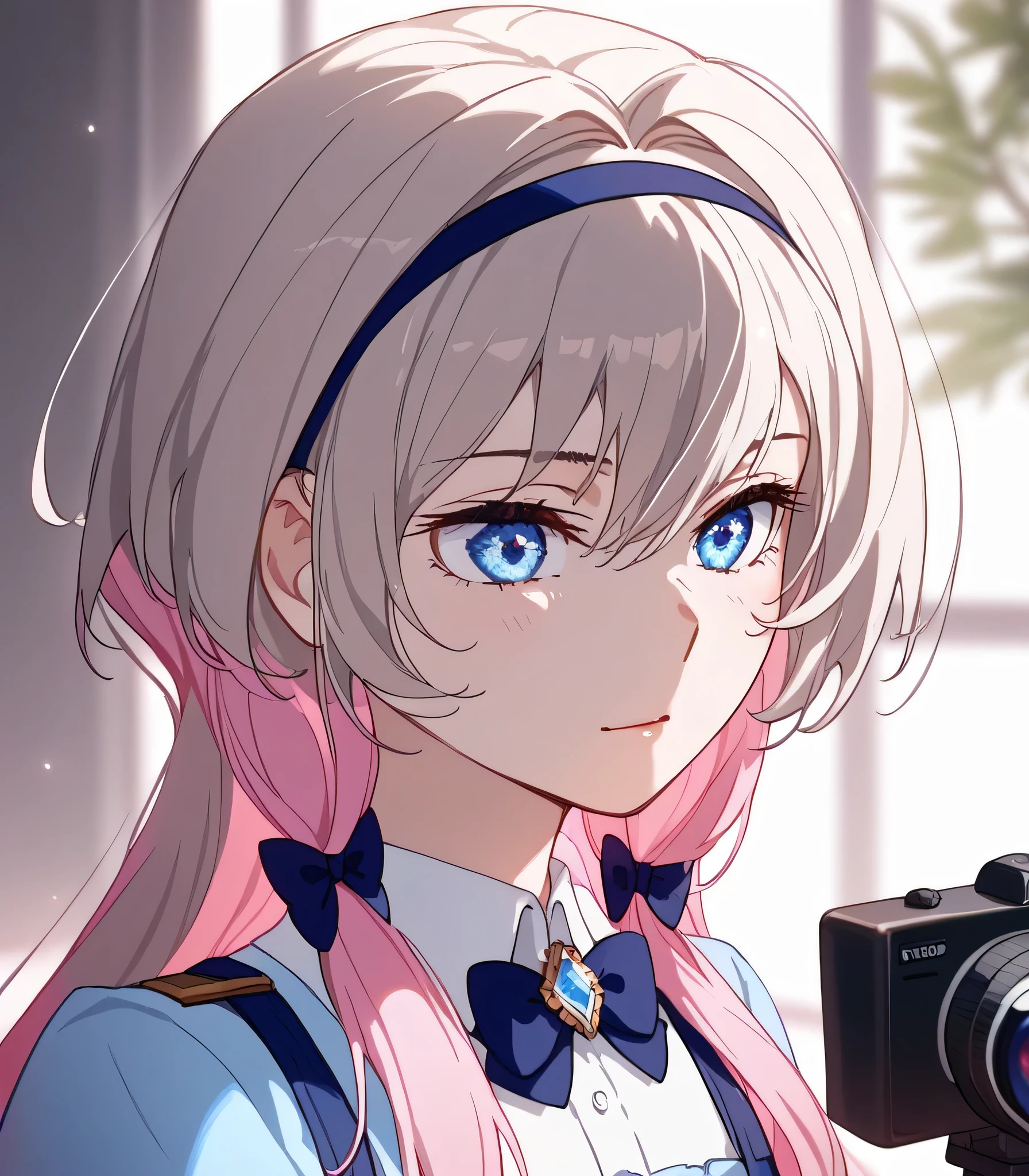 A young woman is shown with voluminous pastel pink hair that cascades down the shoulders in soft curls, adorned with a delicate band of light brown. Her behavior suggests a relaxed and reflective mood, as she rests her chin on her hands. She wears a pale blue blouse without soft thin straps tied in, that complements her complexion and imparts a softness, airy feeling in her overall appearance. The lighting in the image is bright and uniform, casting a soft glow on her exposed shoulder, mais frio, emphasizing her soft texture. The background is a simple, discreet white hair that highlights the focus on her hair and vibrant clothes, without distractions or mess. The atmosphere transmitted is a soft and serene, } bows with an emphasis on pastel tones that contribute to a calming and delicate visual aesthetic.