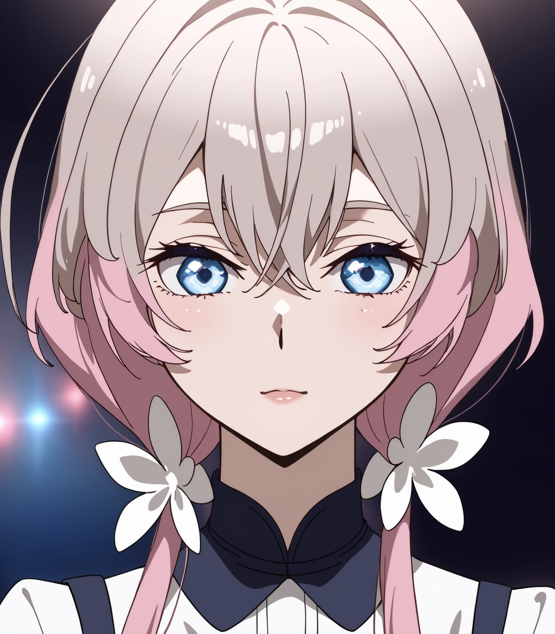 A young woman is shown with voluminous pastel pink hair that cascades down the shoulders in soft curls, adorned with a delicate band of light brown. Her behavior suggests a relaxed and reflective mood, as she rests her chin on her hands. She wears a pale blue blouse without soft thin straps tied in, that complements her complexion and imparts a softness, airy feeling in her overall appearance. The lighting in the image is bright and uniform, casting a soft glow on her exposed shoulder, mais frio, emphasizing her soft texture. The background is a simple, discreet white hair that highlights the focus on her hair and vibrant clothes, without distractions or mess. The atmosphere transmitted is a soft and serene, } bows with an emphasis on pastel tones that contribute to a calming and delicate visual aesthetic.