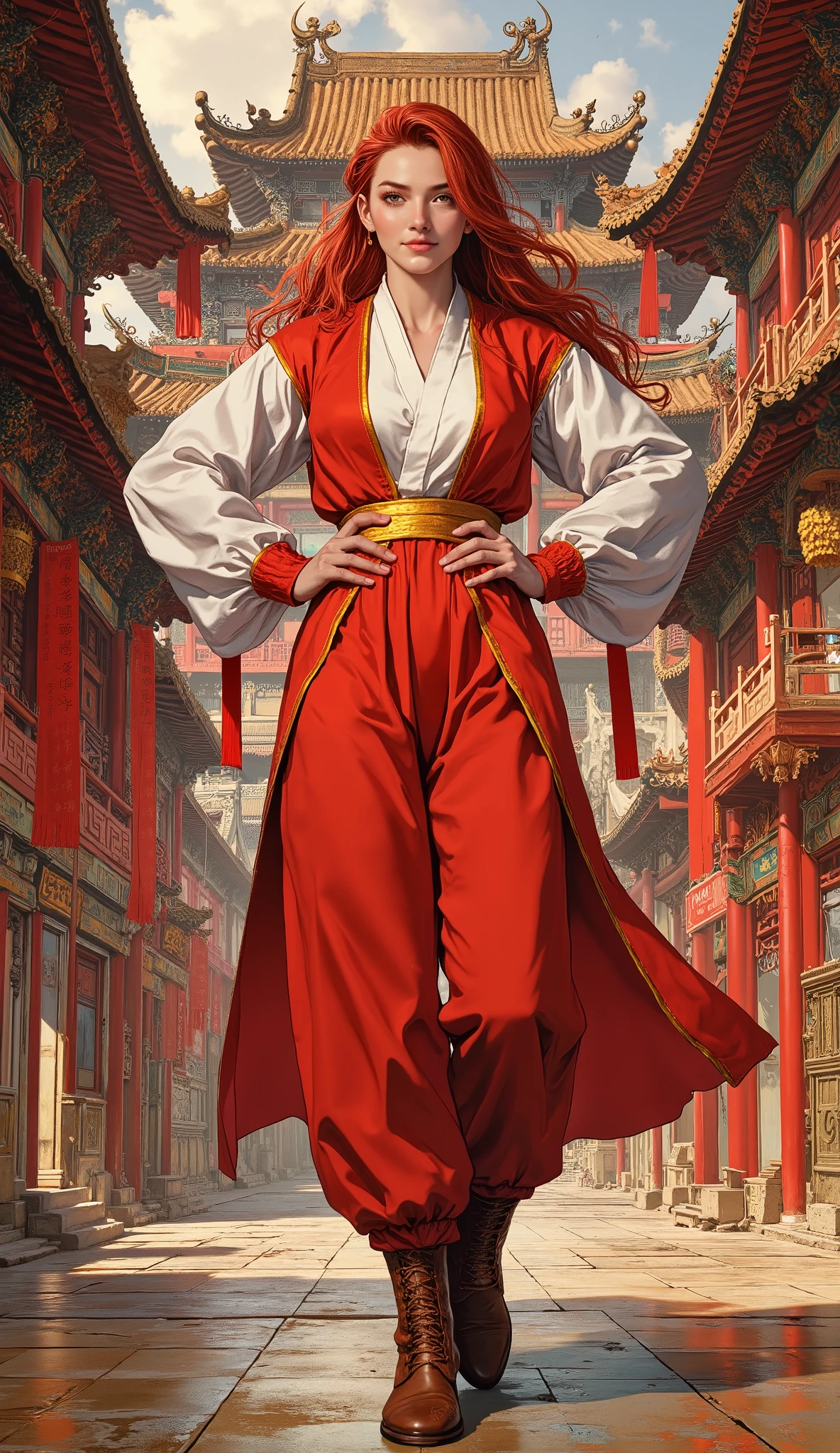 (masterpiece, best quality, intricate details, cinematic lighting), a beautiful fantasy wuxia heroine with a slender figure, perfect anatomy, and perfect hands with five fingers. She has long, wavy, deep-red hair, sharp eyes, and delicate facial features of mixed Central Asian and European descent. A confident smile plays on her lips. She is dressed in an elegant yet practical fantasy-style dress over loose, comfortable trousers and leather boots. The color scheme of her outfit is predominantly red and white, accented with yellow. She stands proudly with her hands on her hips within a magnificent and grand fantasy ancient city that blends Chinese and Japanese architectural styles. Exquisite and mature character illustration art by WLOP and Ruan Jia, dynamic composition, hyper-detailed.