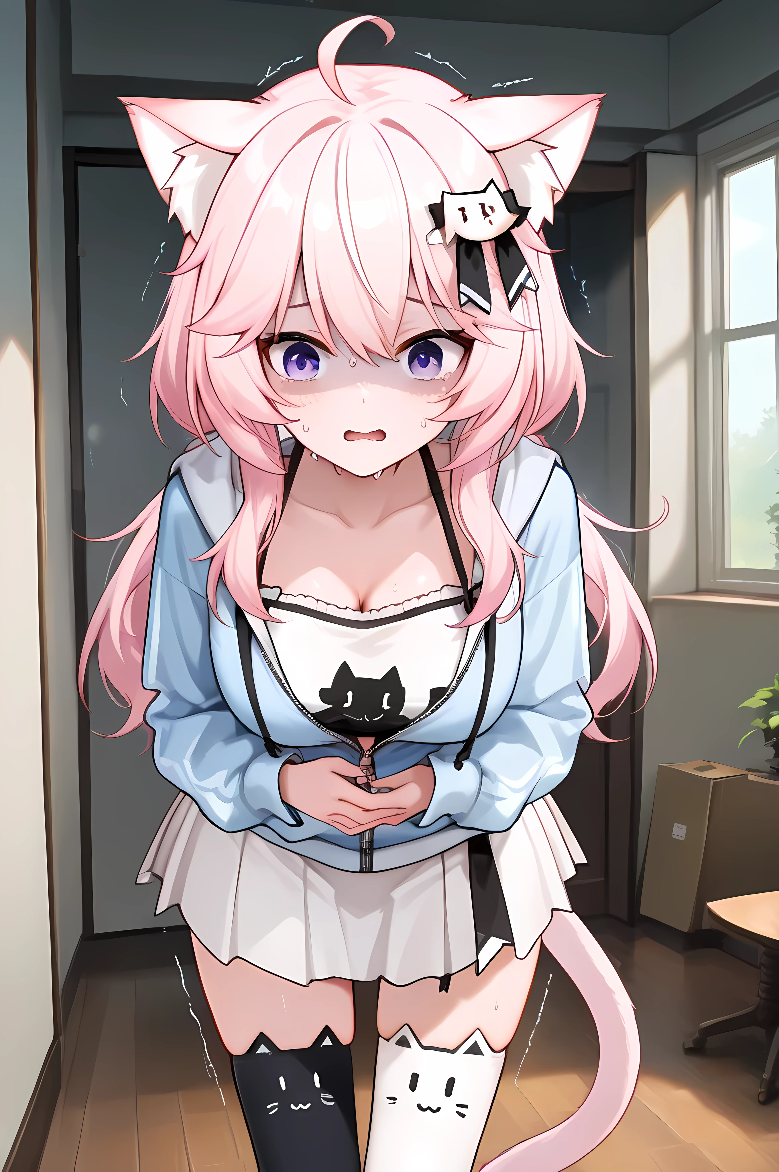 (VTuber_Nyanners, pink hair, long hair, cat ears, cat tail, purple eyes, blue hoodie, partially unzipped, long sleeves, camisole, cat print, white skirt, cat ear legwear, asymmetrical legwear, cat ear legwear, hair ornament, ahoge, bow),,VTuber_Nyanners,nyanners, catgirl, cat ears, outfit, hair ornament, pink hair, purple eyes, long hair
,nyanners, general, masterpiece, highres, ultra-detailed, hyper-detailed, best quality,  amazing quality, very aesthetic, best hands, best eyes, best hand
adult woman, 1woman, hand on own stomach, sweat,  leaning forward, nervous, scared, trembling legs, inside a medium size room, tall, large breast, mature woman
