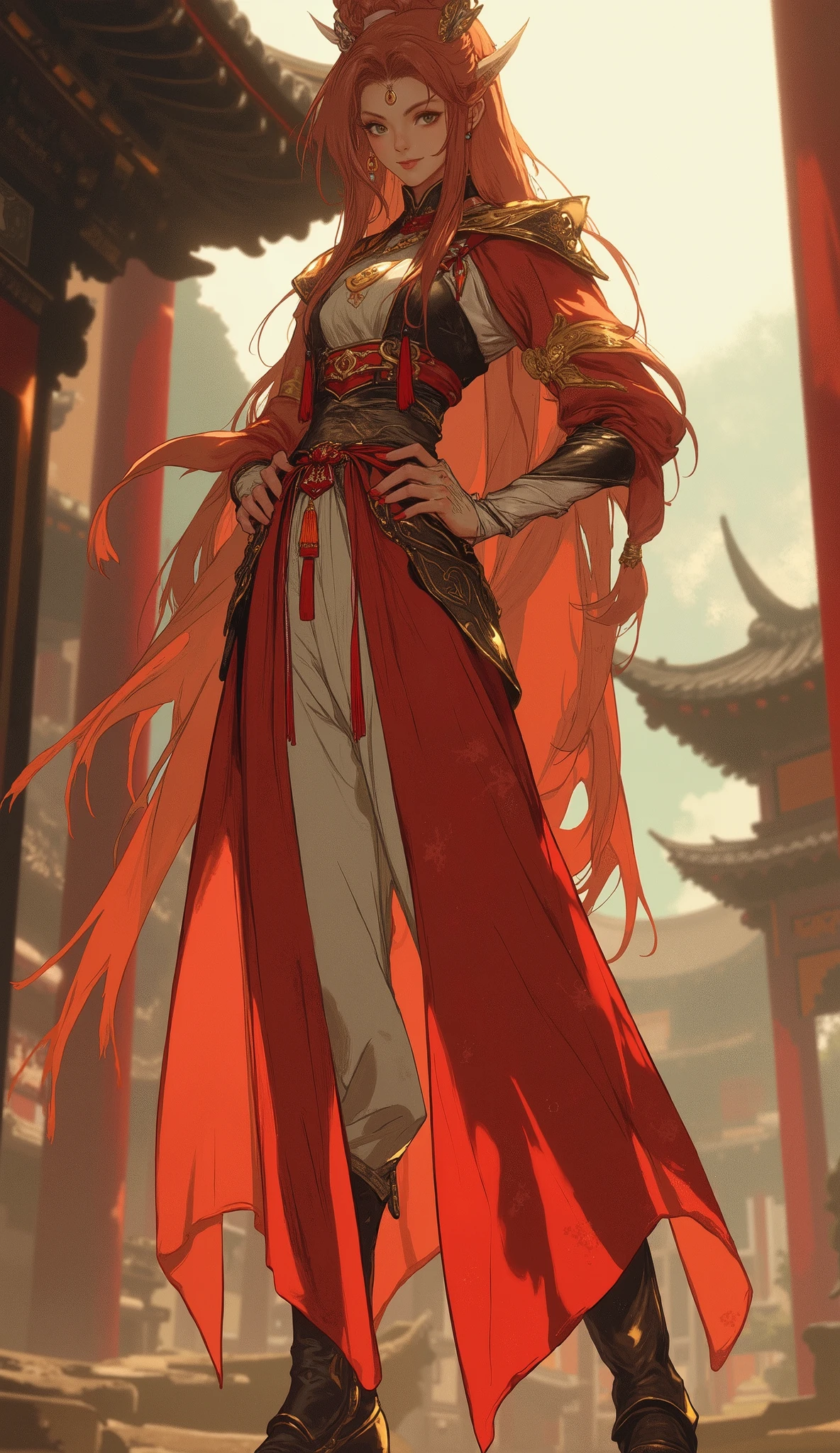 (masterpiece, best quality, intricate details, cinematic lighting), a beautiful fantasy wuxia heroine with a slender figure, perfect anatomy, and perfect hands with five fingers. She has long, wavy, deep-red hair, sharp eyes, and delicate facial features of mixed Central Asian and European descent. A confident smile plays on her lips. She is dressed in an elegant yet practical fantasy-style dress over loose, comfortable trousers and leather boots. The color scheme of her outfit is predominantly red and white, accented with yellow. She stands proudly with her hands on her hips within a magnificent and grand fantasy ancient city that blends Chinese and Japanese architectural styles. Exquisite and mature character illustration art by WLOP and Ruan Jia, dynamic composition, hyper-detailed.