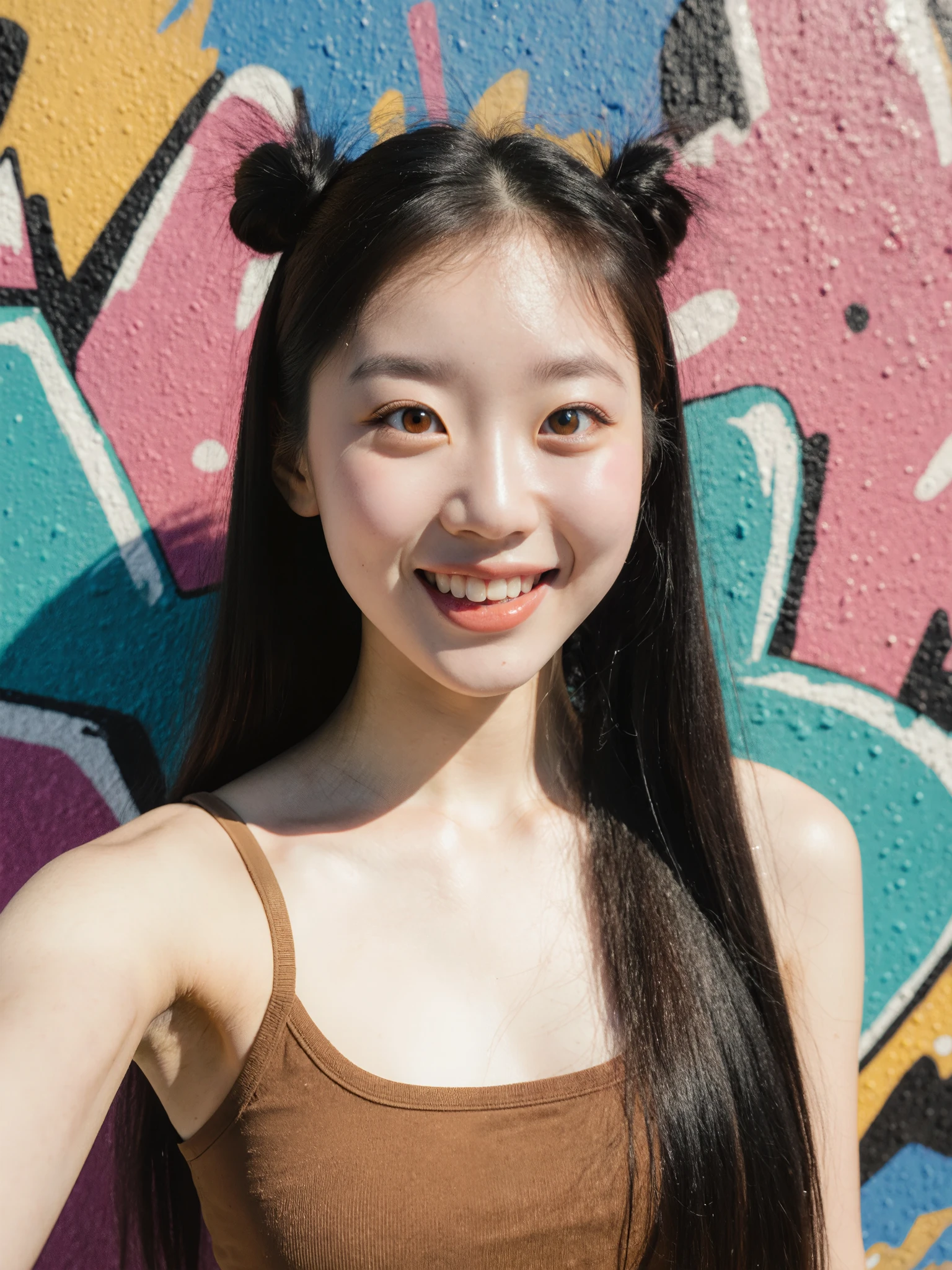 Beautiful 17-year-old Chinese idol girl with gigantic saggy breasts, rosto delicado, for extremely long straight hair doubletails style low, cabelo castanho, amber eyes, tanktop fina, pele oleada, sunny graffiti wall, tirando uma selfie, smiling with a shocked expression, looking at the spectator, standing position. high definition image, style detailed high-relief cinematographic photography, foco, deep image , dynamic perspective, Dynamic view.