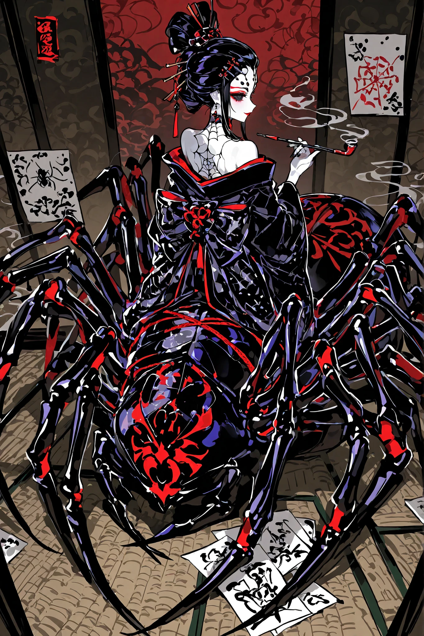 Japanese woman, a drider, spider hybrid. (((Arachne,Taur,Spider Body.))Her lower body is black widow spider:spider body, eight segmented articulated spider legs covered with red markings.) She has a white skin. She has red lipstick. she smiles slyly. She has jet black narrow eyes. she has red manicure and pedicure. She is half-naked wearing a black and purple kimono,embroidered with golden spiders and a black spider web. Her robe has a big black bow on the back. She has jet-black hair pulled back in a traditional Japanese geisha hairstyle and decorated with sharp gold hairpins. She has an Oriental smoking pipe in her hands. In the background:an ornate traditionally decorated Japanese hall, tatami mats on the floor,in room placed a Japanese paper screens with drawing of red and white spider lilies.