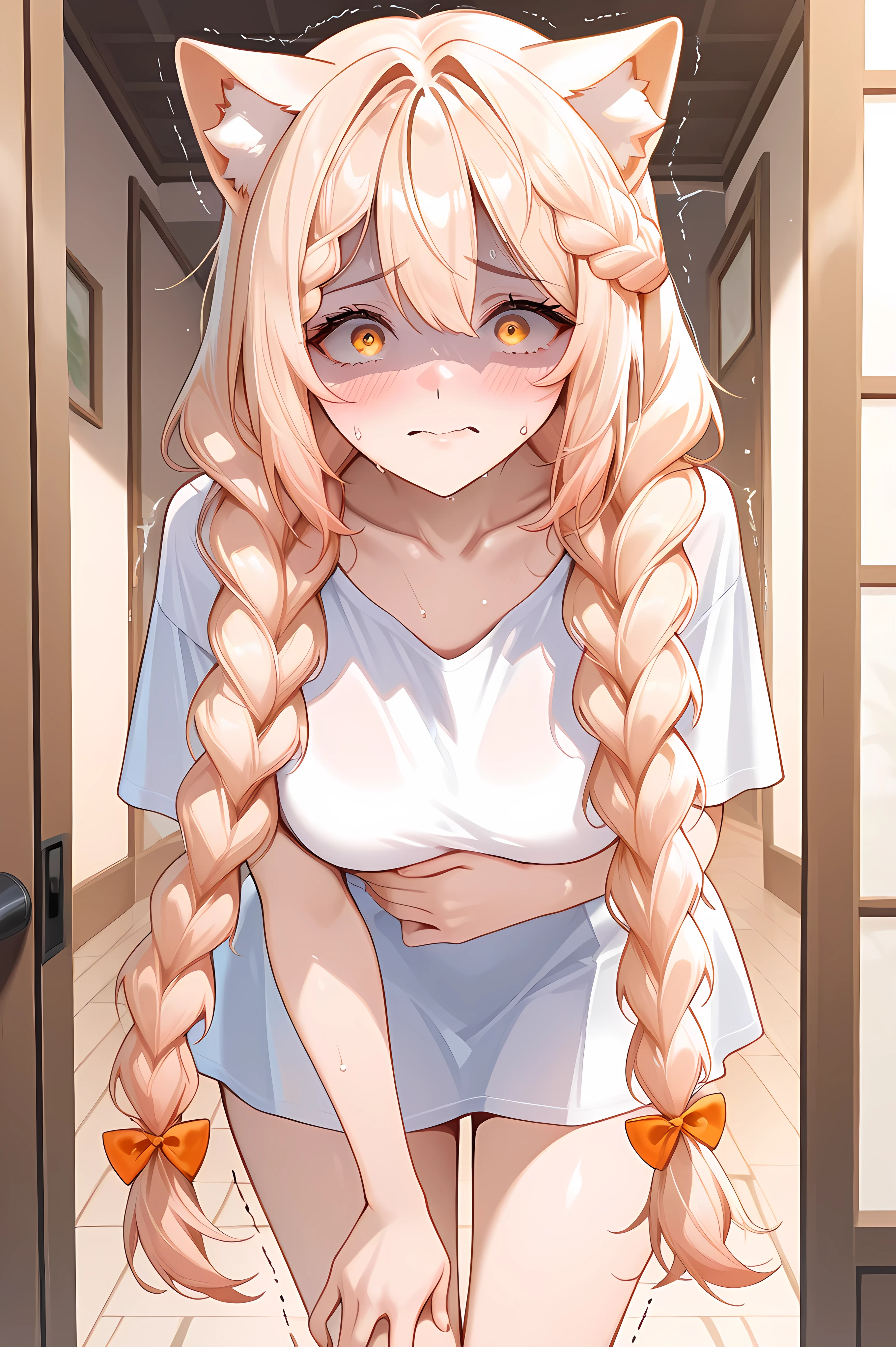ebikoVtuber, 1girl, yellow eyes, orange eyes, blonde hair, very long hair, twin braids, collarbone, blush, cat ears, animal ear fluff, hair bow, loose white shirt, general, masterpiece, highres, ultra-detailed, hyper-detailed, best quality, amazing quality, very aesthetic, best hands, best eyes, best hand
adult woman, hand on own stomach, sweat, leaning forward, nervous, scared, trembling legs, in medium sized house