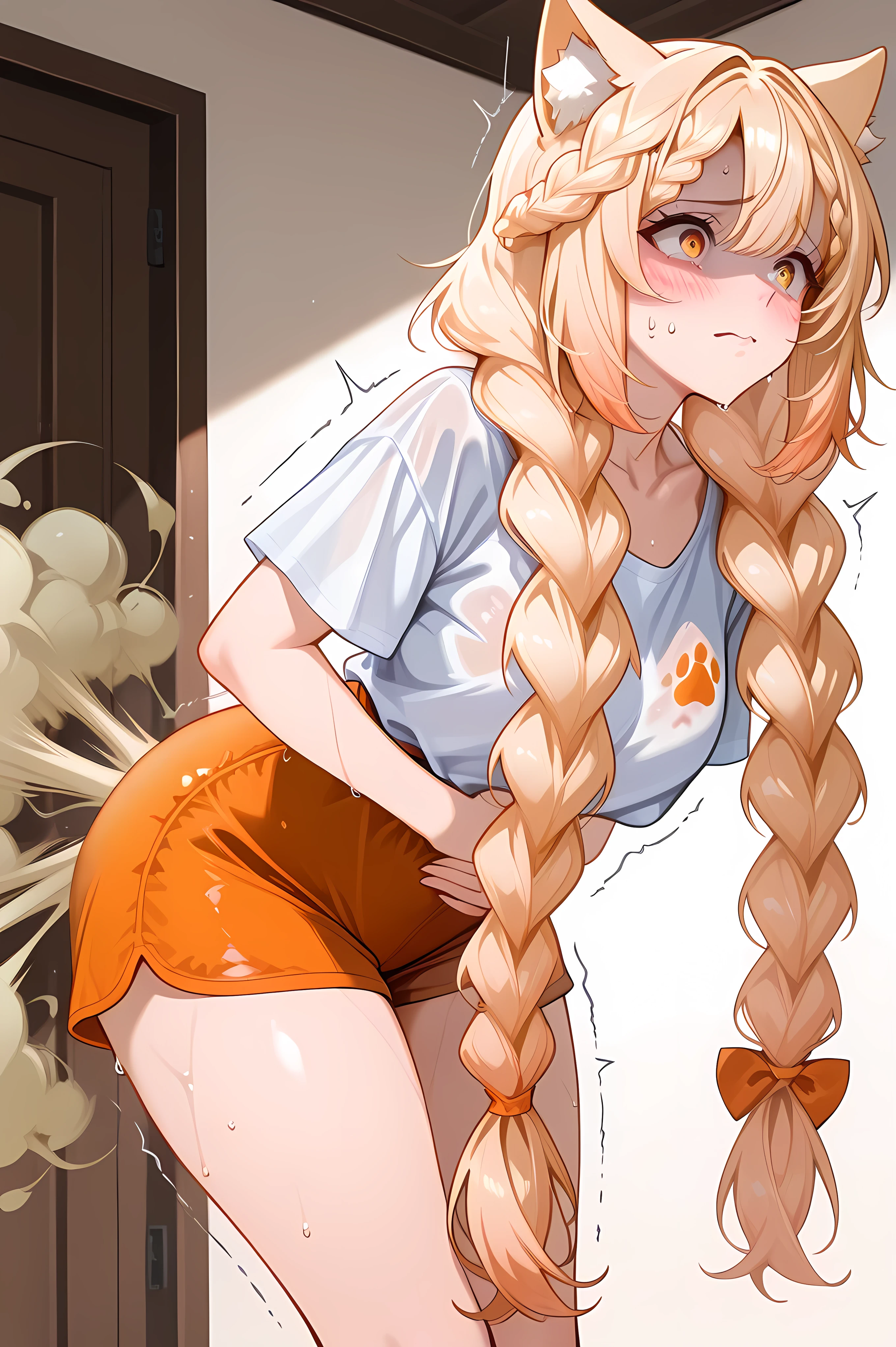 butt to viewer, ((wet fart)), farting, farting from backside, thick lined farts, ((stained_clothing)), puffy farts, watercolory farts, rippling fart effects, motion farting lines, vibrating butt effect,ebikoVtuber, 1girl, yellow eyes, orange eyes, blonde hair, very long hair, twin braids, collarbone, blush, cat ears, animal ear fluff, hair bow, loose white shirt, oversixed shirt, upto thigh shirt, general, masterpiece, highres, ultra-detailed, hyper-detailed, best quality,  amazing quality, very aesthetic, best hands, best eyes, best hand
adult woman, hand on own stomach, sweat,  leaning forward, nervous, scared, trembling legs, in medium sized house
