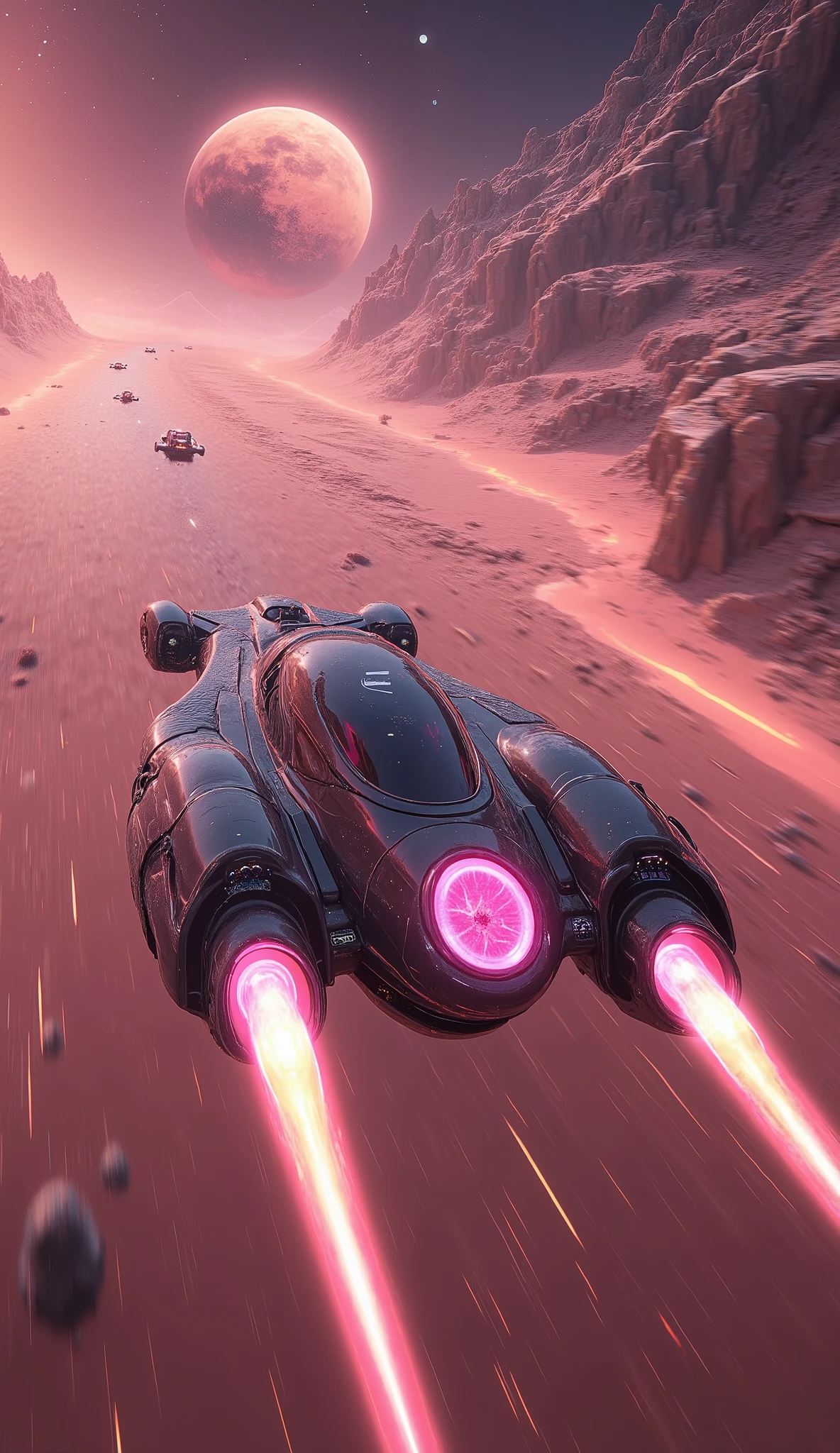 (High detail). The inter-planetary race takes place in space, streamlined car, ring with one jet engine on the back and shunting engines on the side. Participants fly into a hologram of a, contestant number 3 takes the lead at phenomenal speed. open space , planet Mars in the background.