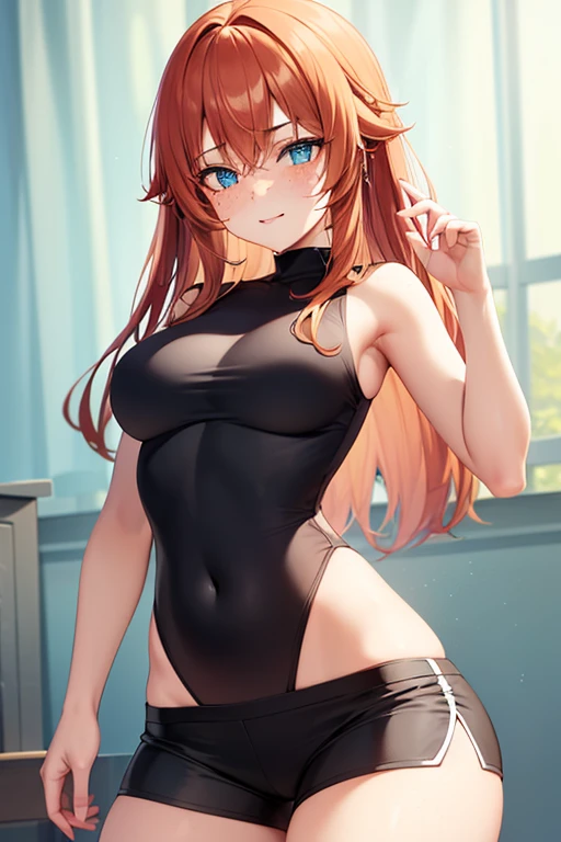 (masterpiece, best quality), 1girl, torn clothes, (torn) playboy bunny, photo session, fishnet legwear, orange hair, arms behind back,