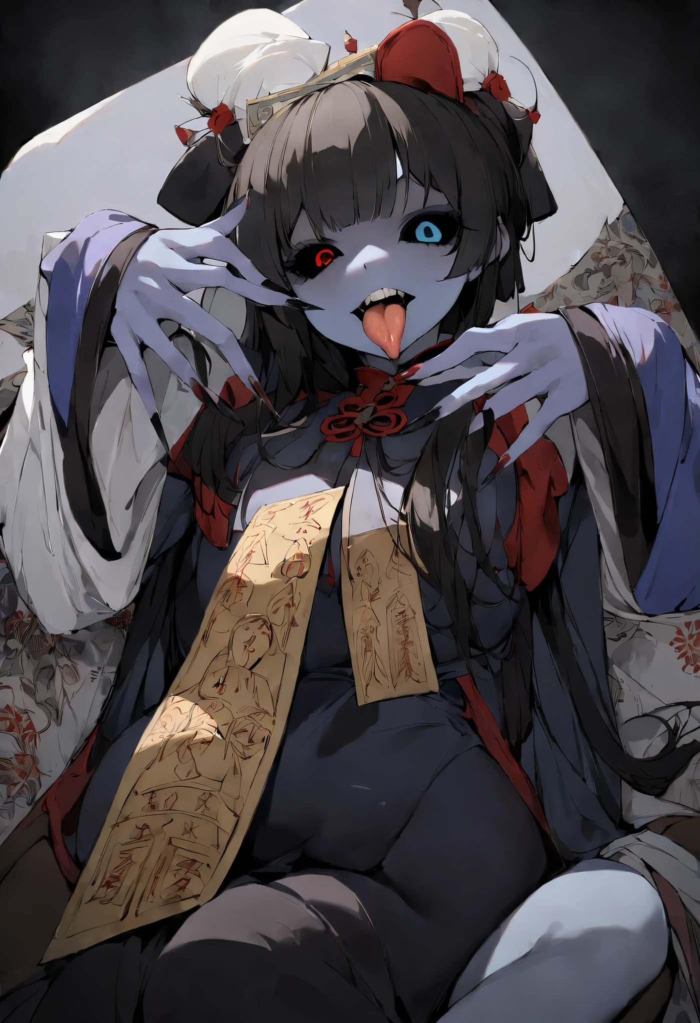 tongue sticking out, colored skin, zombie pose, black sclera, ofuda, long nails, sitting on a coffin, Qing Dynasty area, 1 girl, (best quality, super sharp, detailed),Sexy