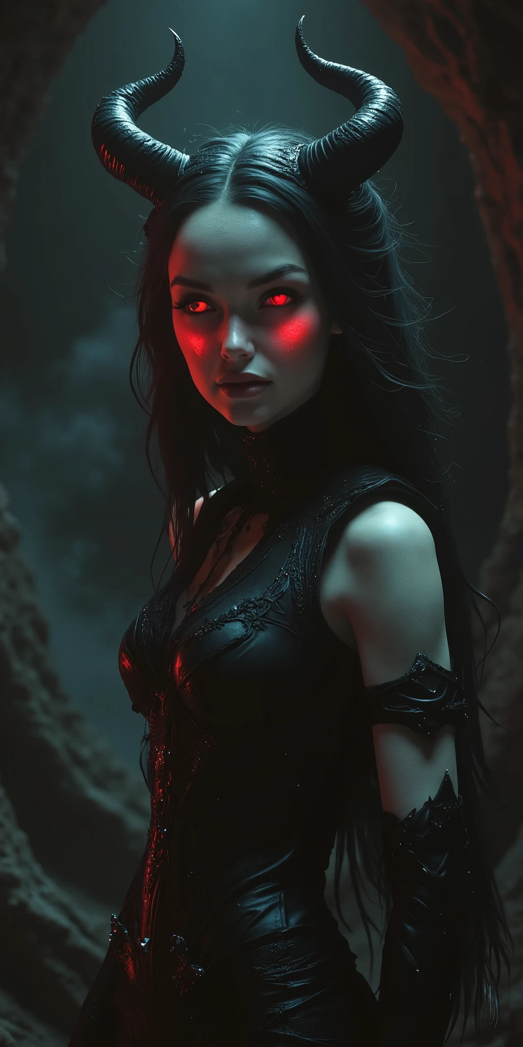 Dark fantasy digital art, a devil girl with glowing red eyes and sharp horns, wearing a black leather outfit with intricate details. Her pale skin contrasts with the fiery glow of her eyes, as she smirks with confidence. The background is a dimly lit dungeon with faint smoke rising. Full-body portrait with dramatic low-angle lighting.