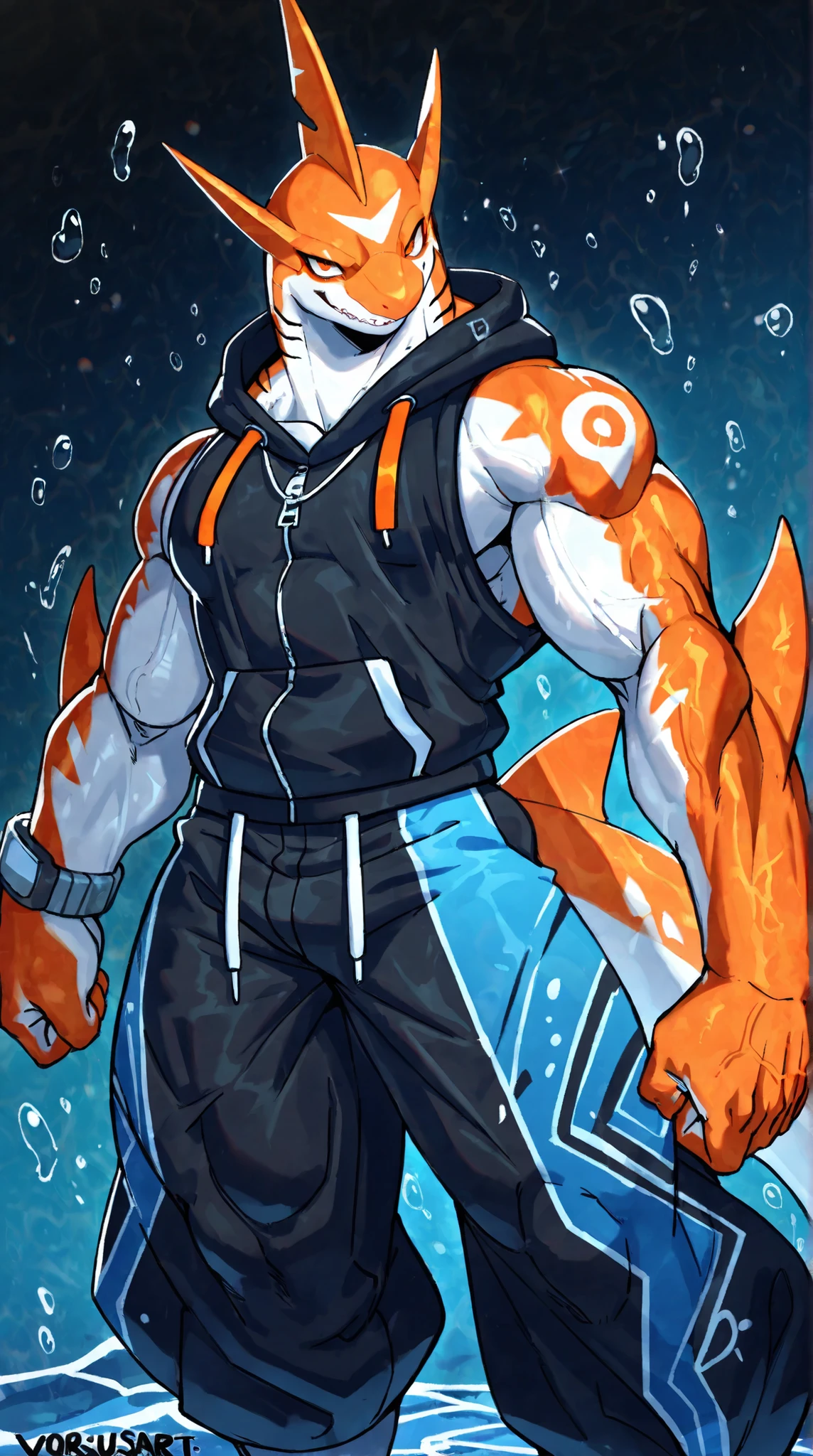 by 沃 vorusuarts2 , masterpiece , best quality , deep sea background , male , 1 man , anthro megalodon , Navy koholasaurus , furry shark , Orange eyes , under eye Orange line , Orange makeup under the eyes , multicolored Orange skin , balanced slim muscles , beefy , fins on arms , sleeveless hoodie , white side slit pants , with a bright smile , a dynamic posture , dynamic camera view , looking at viewer , VorusuArts2 render , VorusuArts2 style ,