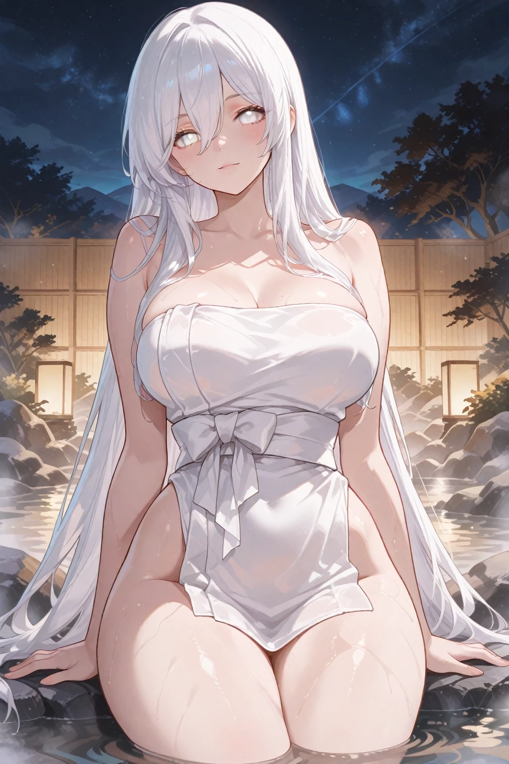 Draw an 1 girl with a curvy body, size G tits, white hair and fox ears, wearing white miko clothes in an anime style