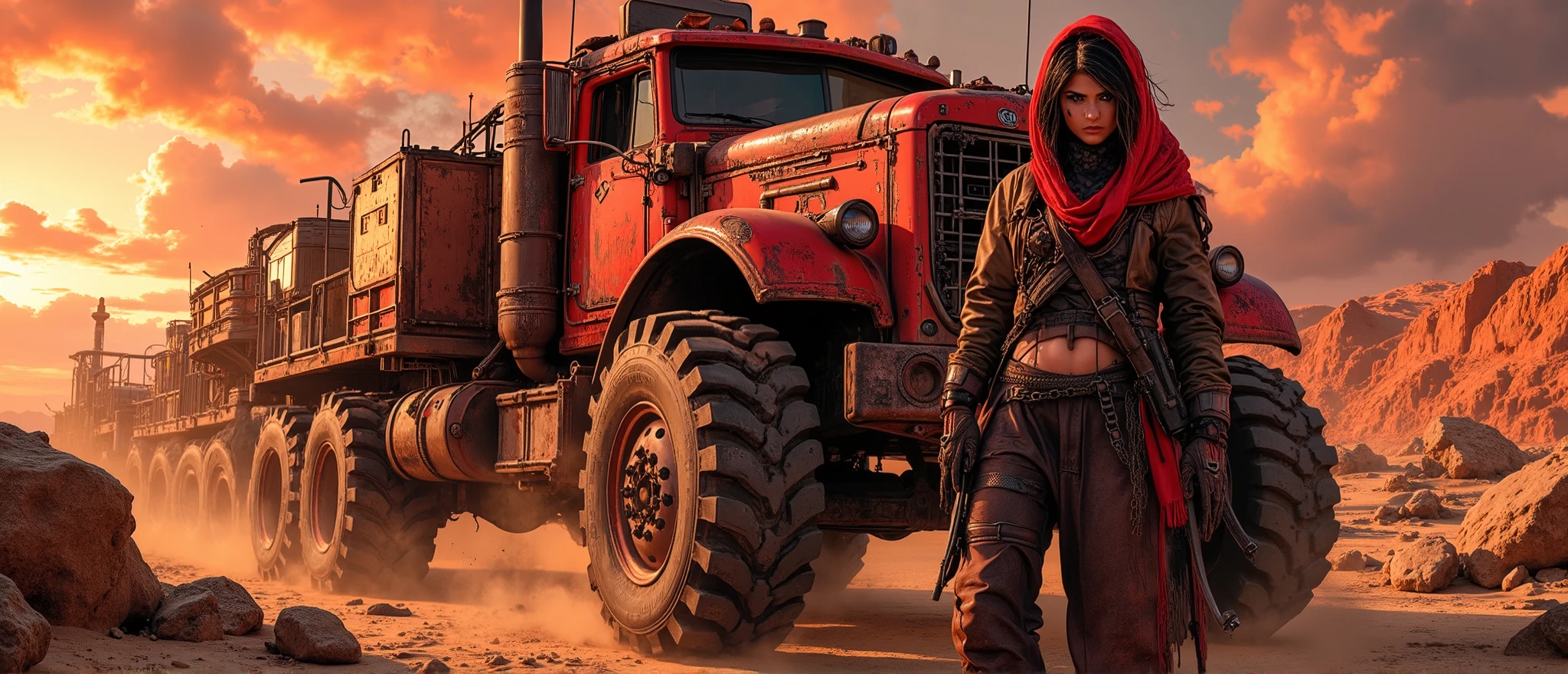 Anime style,full body shot, panoramic view, aidmamj6.1,Anime style, warm dark red and black themed color,realistic photo, sci-fi and fantasy mix, sci-fi and post-apocalipric style,   mad max style, young and strong woman, Dark queen of oil rafinery, very short and dirty hair, hair is messy and unkempt, whole forehead and eyes and nose painted with black paint with black eye makeup, dark black forehead, fierce facial expression, dressed in light clothes with various pieces of black and brown futuristic light desert armor made of different parts of leathers and parts connected with straps and interwoven with chain mail elements, dirty scarf as a Hood on head, hold a old wilde west rifle in hands,  stand proudly and lazy next to huge monster truck, floating hair and clothes on strong wind, old and rusty monster truck made from differents parts with protection pipes and mounted guns on root, strong desert wind blow sand and dust over surface, full body shot, Simple oil rafinery rounded by metal walls and some old campers as a homes inside walls, cinematic shot, desert  sunset backlight, cinematic style, dark colors