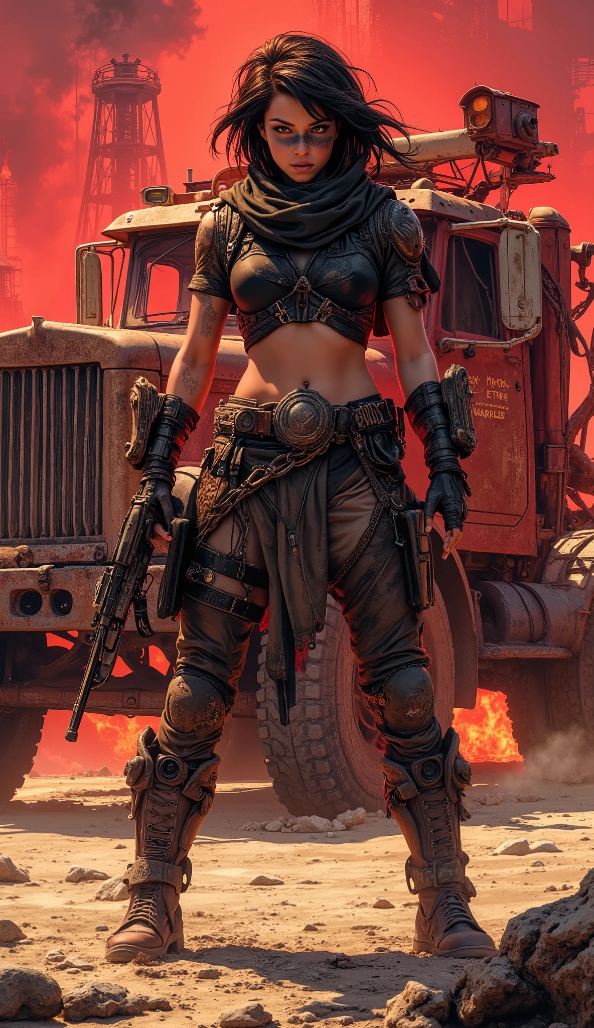Anime style,full body shot, panoramic view, aidmamj6.1,Anime style, warm dark red and black themed color,realistic photo, sci-fi and fantasy mix, sci-fi and post-apocalipric style, mad max style, young and strong woman, Dark queen of oil rafinery, very short and dirty hair, hair is messy and unkempt, whole forehead and eyes and nose painted with black paint with black eye makeup, dark black forehead, fierce facial expression, dressed in light clothes with various pieces of black and brown futuristic light desert armor made of different parts of leathers and parts connected with straps and interwoven with chain mail elements, dirty scarf as a Hood on head, hold a ile Wilde west rifle on hands, stand proudly and lazy next to huge monster truck, old and rusty monster truck made from differents parts with protection pipes and mounted guns on root, strong desert wind blow sand and dust and floating hair and clothes, full body shot, Simple oil rafinery rounded by metal walls and some old campers as a homes inside walls, cinematic shot, desert sunset backlight, cinematic style, dark colors