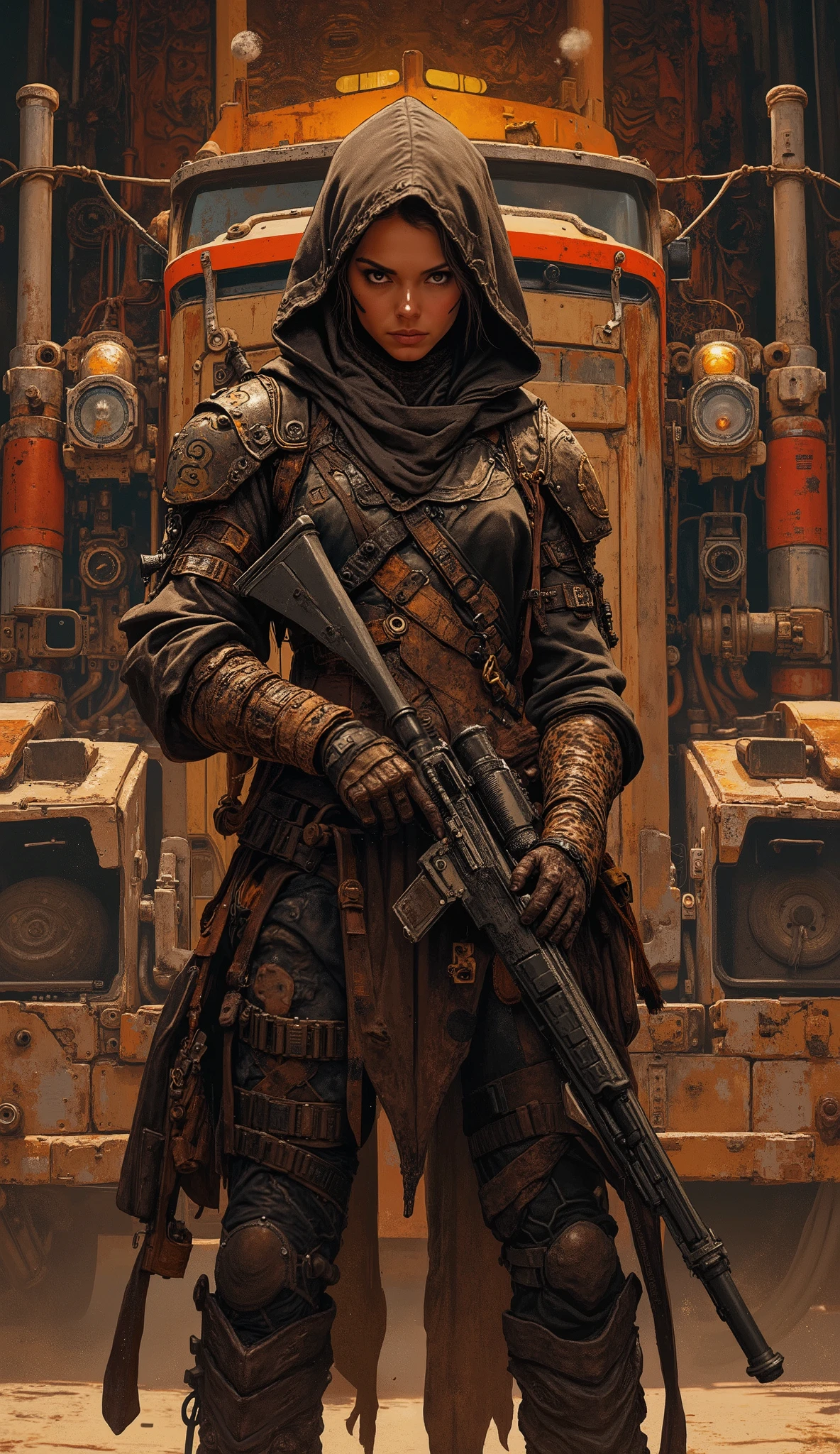 Anime style,full body shot, panoramic view of throne hall, aidmamj6.1,Anime style,warm themed color,realistic photo, sci-fi and fantasy mix, mad max style, young and strong woman, Dark queen of oil rafinery, very short shavead head, whole forehead and eyes and nose painted with black oil paint with black eye makeup, dark black forehead, fierce facial expression, dressed in various pieces of black and brown futuristic desert armor made of different parts of leathers and parts connected with straps and interwoven with chain mail elements, dirty scarf as a Hood on head, hold a ile Wilde west rifle on hands, stand proudly and lazy next to huge monster truck, old and rusty monster truck made from differents parts with protection pipes and mounted guns on root, full body shot, Simple oil rafinery rounded by metal walls and some old campers as a homes inside walls, cinematic shot, desert sunset backlight, cinematic style,