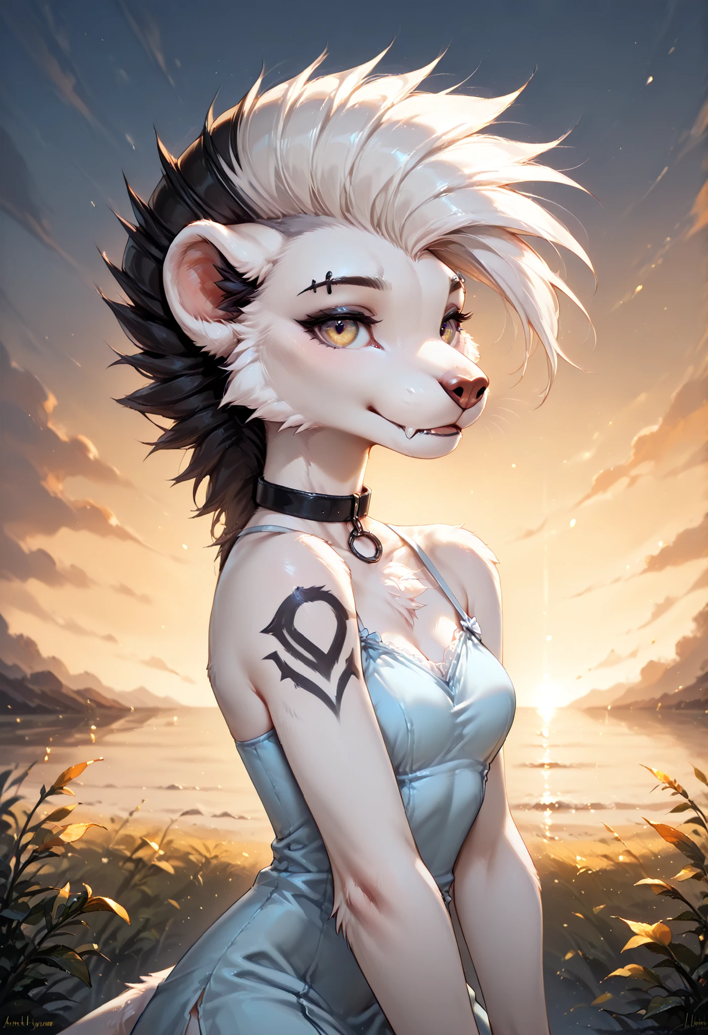 score_9, score_8_up, score_7_up, masterpiece, detailed_eyes, high_quality, best_quality, highres, absurdres, 8k, subject_focus, depth_of_field, best quality, solo , anthro , Zaffa , close up, lioness, black and white hair , white fur , fluffy fur , detailed fur , black tattoo , eyebrow piercing , ear clip , slim body, (((light blue dress))), sblooming field, ocean background, detailed background