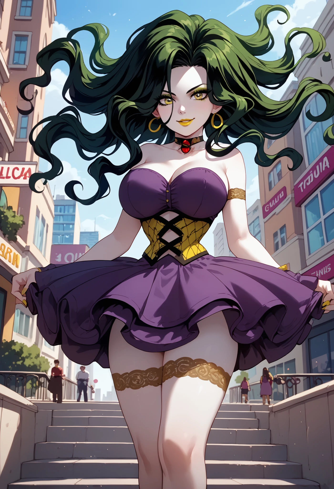 woman, big breasts, yellow lipstick, anime style, black hair, white skin, greenish yellow eyes, greenish light in hair, purple dress, city, flowing hair, medusa-like hair, corset, purple skirt, Sedusa, Powerpuff Girls Z, solo, night, sensual smile, makeup