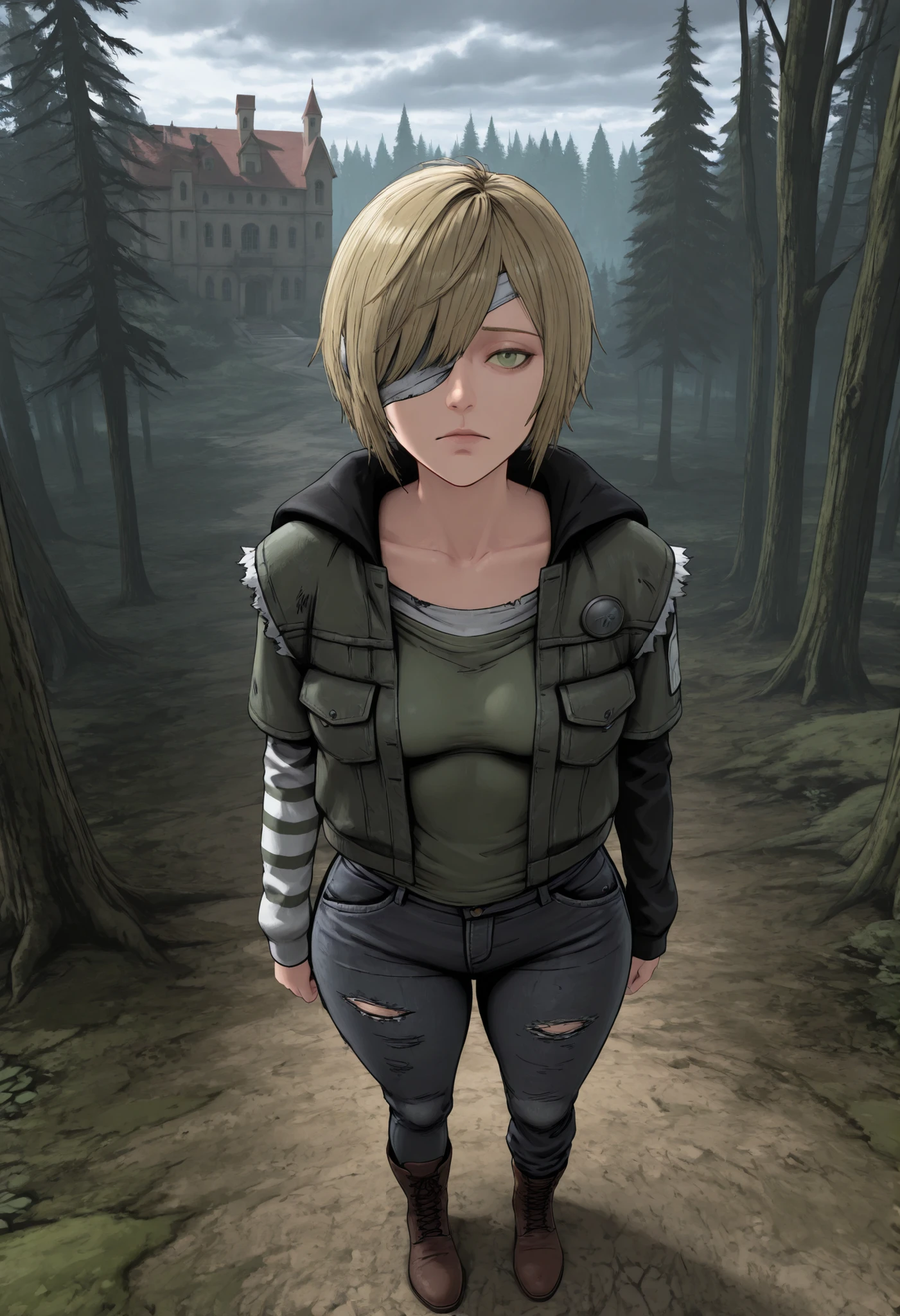 score_9, score_8_up, score_7_up), masterpiece,best quality,amazing quality,very aesthetic,absurdres,newest,detailed eyes, A professional,high-quality,hyper-realistic picture of a woman, 3Drealistic,masterpiece, outdoors, (moss covered runned  down mansion in the background:1.2), mansion, forest, dutch angle

TWDVelvet, 1girl, young, short hair, blonde hair, green eyes,fembodtweak, from above, looking at viewer, looking up,cloudy eye,  (head half covered in bandages, bandages over hair, white bandages, one eye covered by bandages:1.3), depressed, huge thick thighs, loose jeans, boots, asymmetrical clothing, asymmetrical boots,  small breasts, green shirt, open sleveless jacket