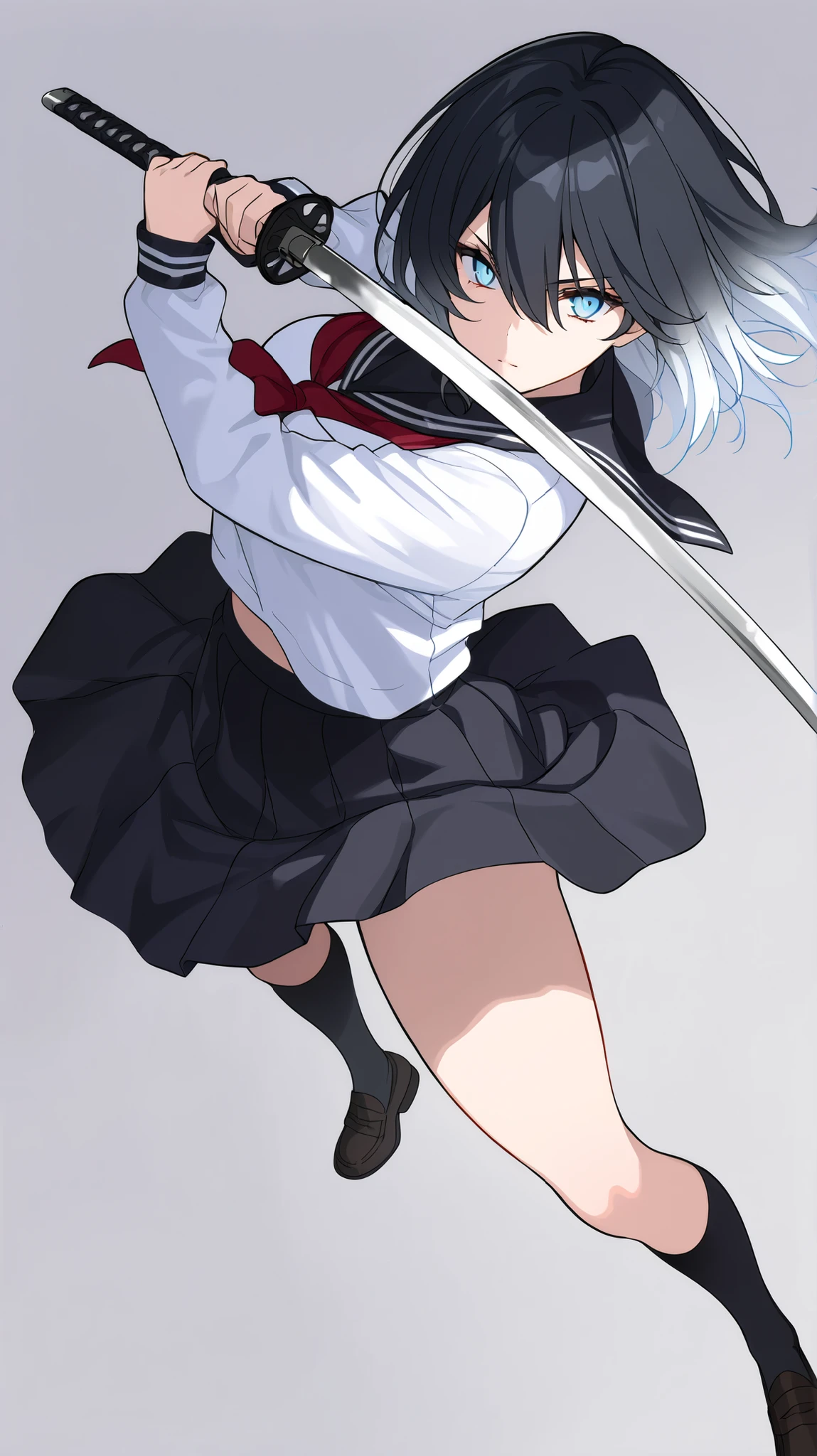 masterpiece, best quality, newest, absurdres, highres, detailed eyes, 1girl, solo, medium hair, double-parted bangs, hair between eyes, jet-black hair, white gradient hair, blue eyes, sharp-striking eyes, medium breasts, school uniform, serafuku, holding sword, katana, sword in front of face, two-handed, curvy, posing, simple background,