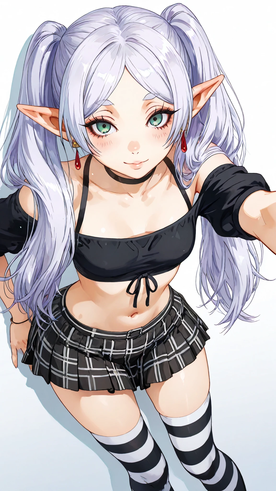 A 4K masterpiece, a full-length portrait in ultra-high resolution with a 9:16 aspect ratio, a soft pastel color palette, and delicate anime illustration.
Frieren de souso no Frieren
Medium full-length shot.
Slightly low angle.
She is standing, leaning against a wall, her body slightly leaning forward, her back slightly arched, her hips back revealing her rear end, and her head turned, looking at the camera with a seductive, blushing gaze.
(She is wearing a black off-the-shoulder top that exposes her stomach and navel.)
(Black top.)
(Thighs visible.)
A short red and black plaid pleated skirt.
(Blue and white striped thigh-highs.)
Makeup with bold black eyeliner and defined eyelashes, subtle blush, and glossy lips for a sensual anime look.
(White hair, bright green eyes).
Her hair is:
Color: Silvery gray.
Style: Long and straight, reaching her knees when loose.
Hairstyle: Usually tied in two parallel ponytails on the sides of her head.
Bangs: Parted at the forehead.
Elf characteristics: Like all elves, Frieren has long, pointy ears.
White background, no floating elements. Art style inspired by Ilya Kuvshinov and Tiv: clean, fine lines, smooth gradients, luminous skin, detailed light reflections on fabrics and accessories, highly detailed eyes, and photorealistic lighting effects.