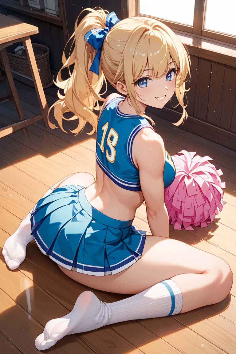 (best quality:1.2), (sharp detail:1.2), cheerleader, [erect, navel, squatting, spread legs, embarrassed, twintails, dynamic angle, (scenery:1.2), fantasy, in summer, shiny, (chromatic aberration:1.2), light rays, beautiful delicate lens flare, beautiful delicate glow, sun light, (light glare:1.2), lots of shiny sparkles, clothes reflecting light, glaring